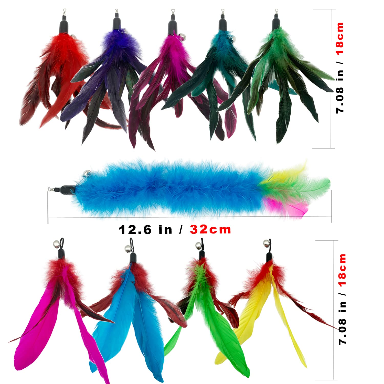 Cateness Cat Feather Toy Refill Cat Feathers Wand Replacement, 10 Pcs Feather Cat Toy Refills, Interaction Feather Cat Toy For I