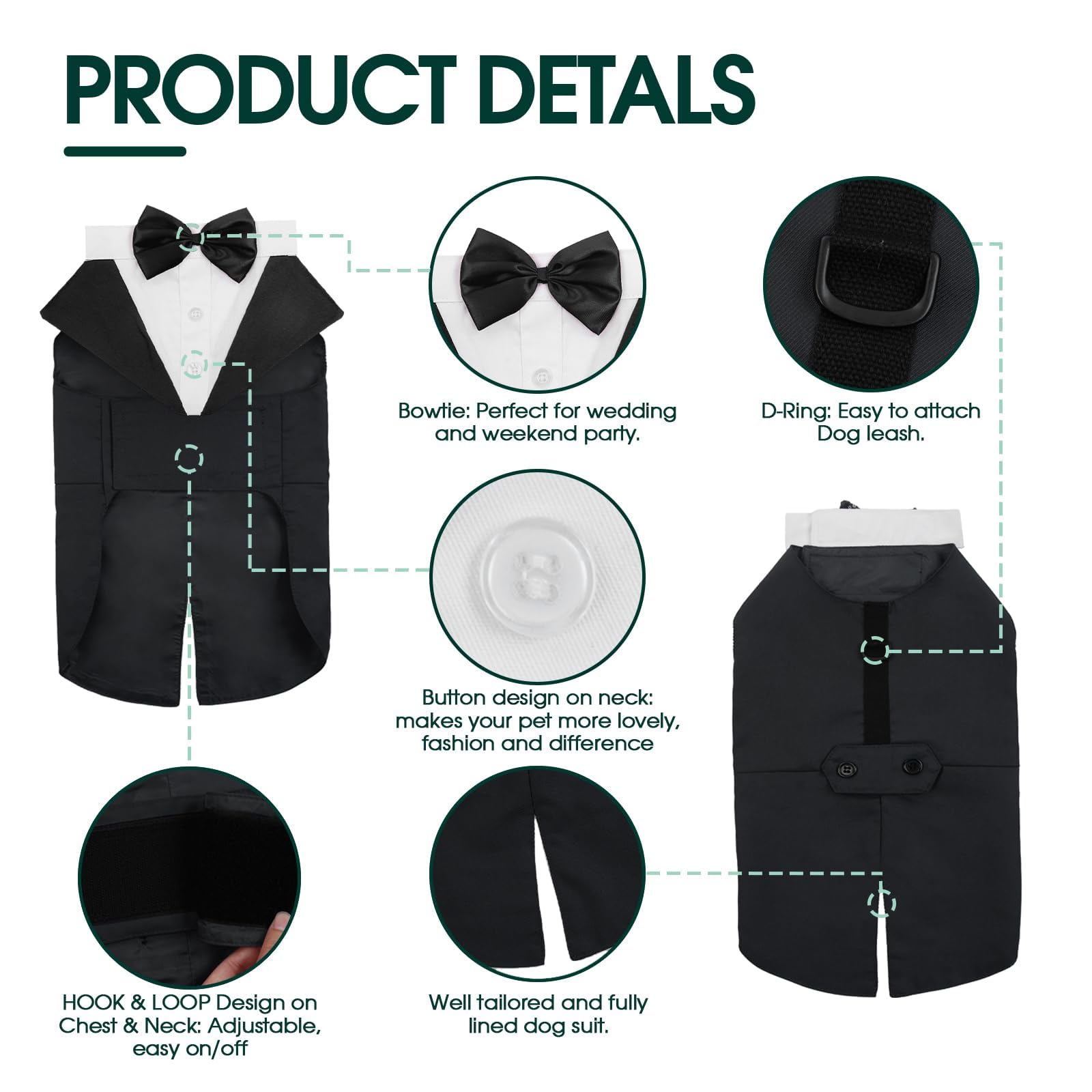 Kuoser Dog Tuxedo Dog Suit And Bandana Set, Dogs Tuxedo Wedding Party Suit, Dog Prince Wedding Bow Tie Shirt Formal Dog Wedding