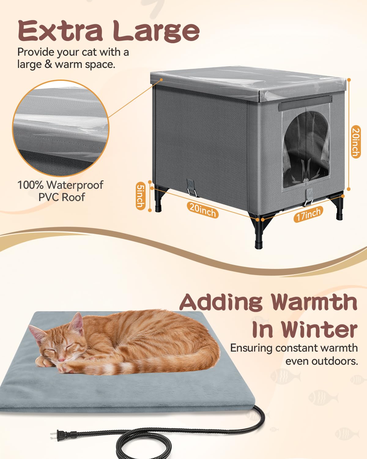 Heated Cat House For Outside, Foldable Outdoor Cat House For Winter Insulated Waterproof With Thermostatic Cat Heating Pad, Cat