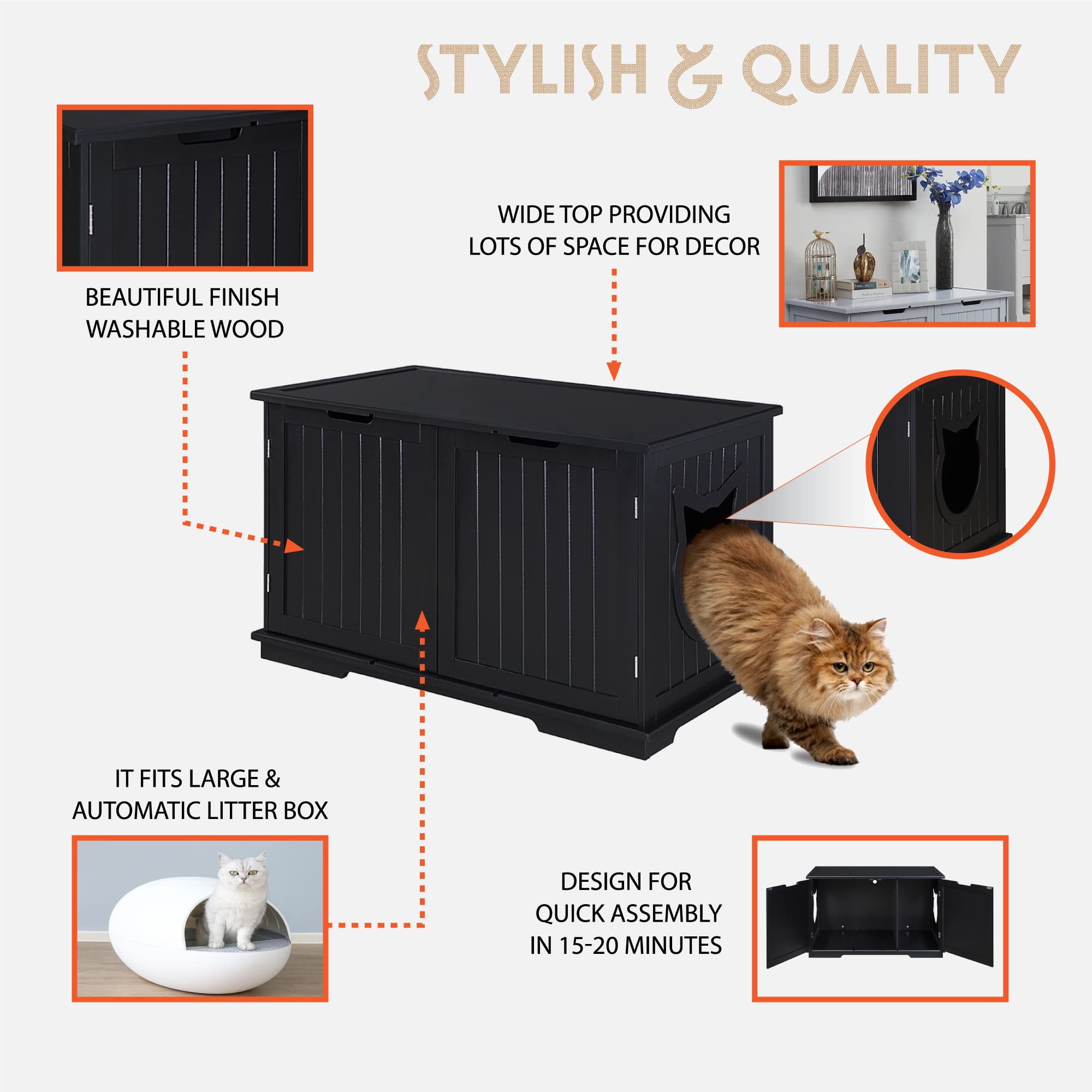 Sweet Barks X-Large Designer Cat Washroom Storage Bench Cat Litter Box Enclosure Furniture Box House with Table (Black)