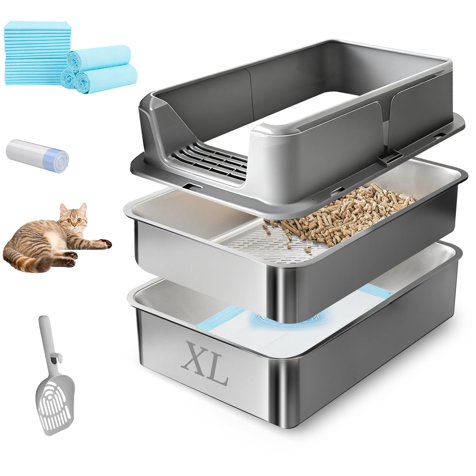 24 x 16 x 12 Stainless Steel Sifting Litter Box with Lid, Extra Large Metal Sifting Cat Litter Box for Pine Pellet, High Sides M