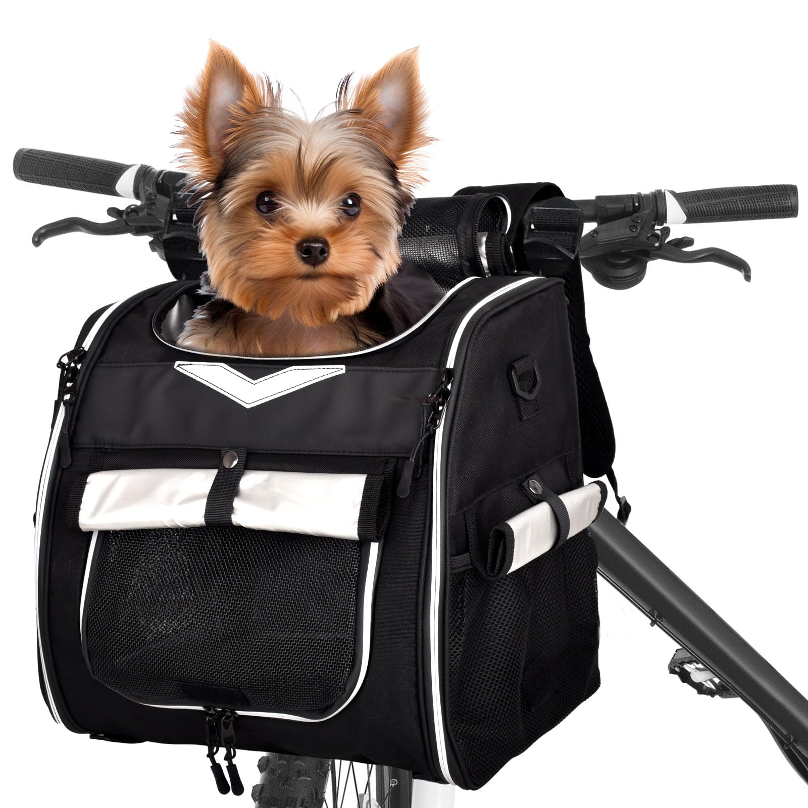 VENFOREST Dog Bike Basket, Foldable Pet Bike Carrier Backpack with Safety Strap, Waterproof Pet Bike Basket Suitable for Small C