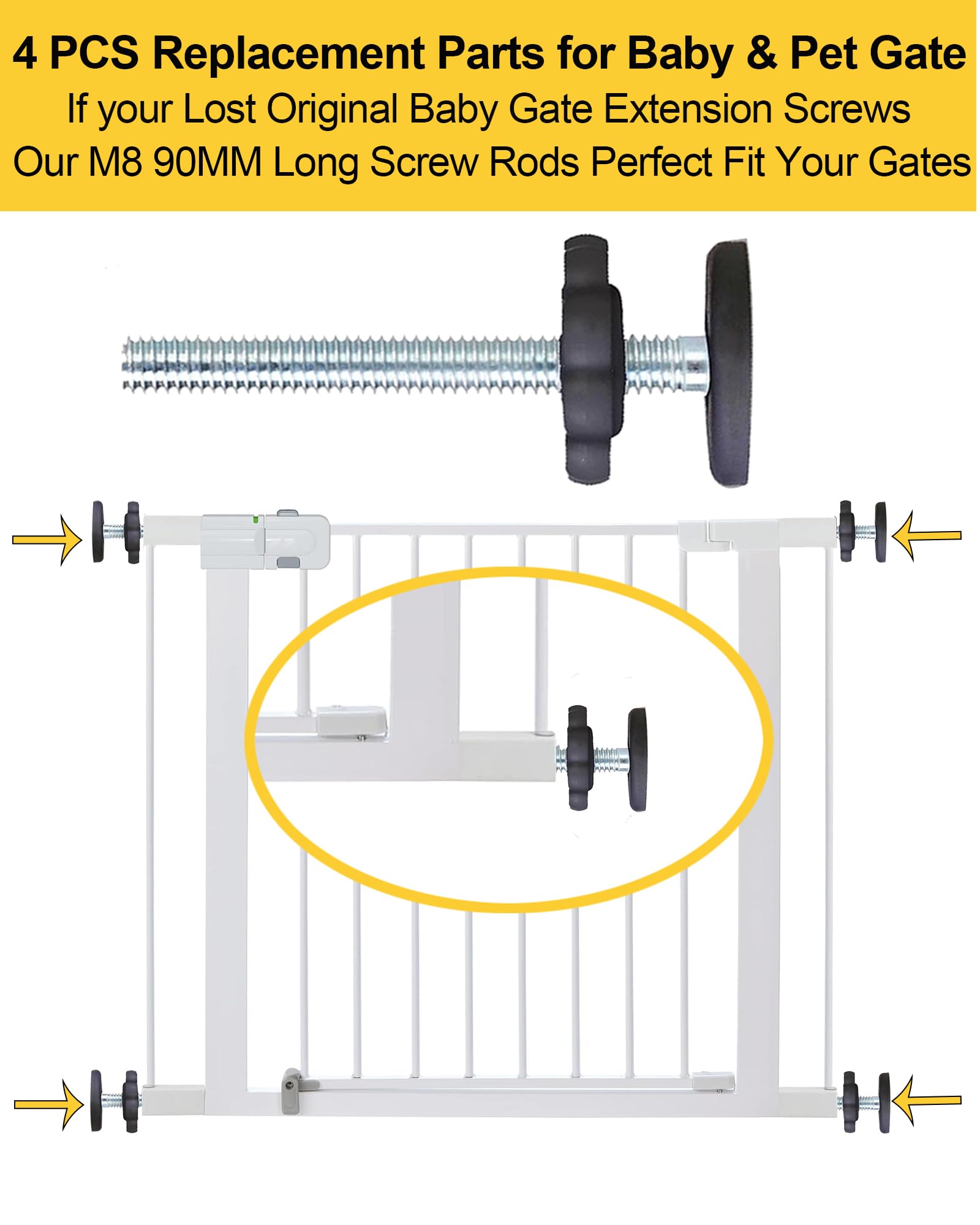 4 Pack Baby Gate Replacement Parts Threaded Spindle Rod 8MM(M8), Screw Bolts Hardware Kit for Pet & Dog Pressure Mounted Safety