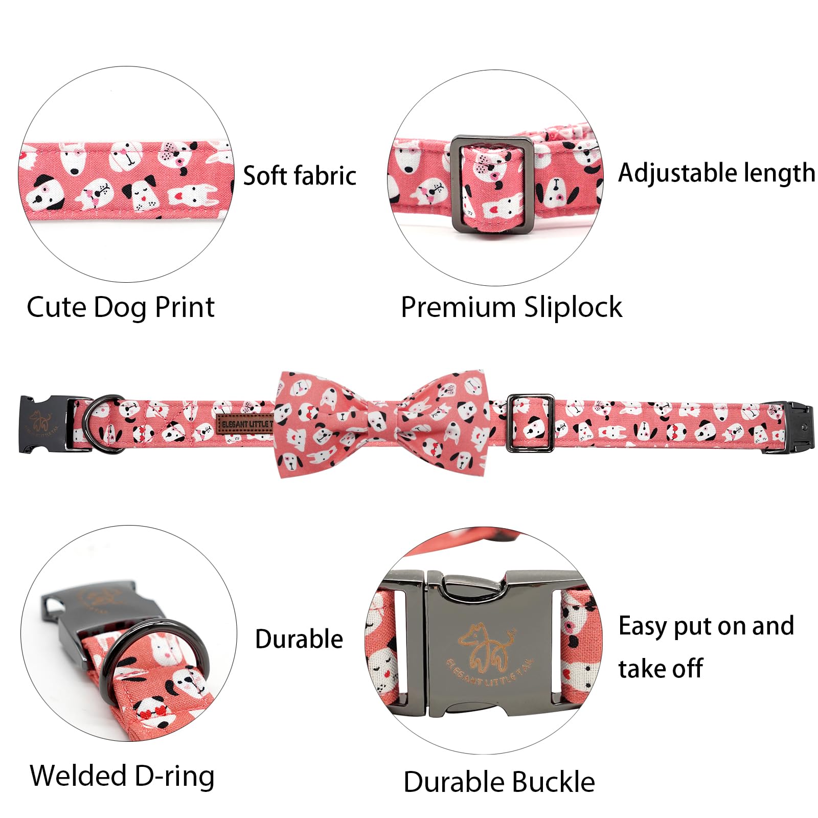 Elegant Little Tail Dog Collar With Bow Tie - Cute Heart Print Pink Pet Collar for Boys and Girls - Adjustable Bowtie for Large