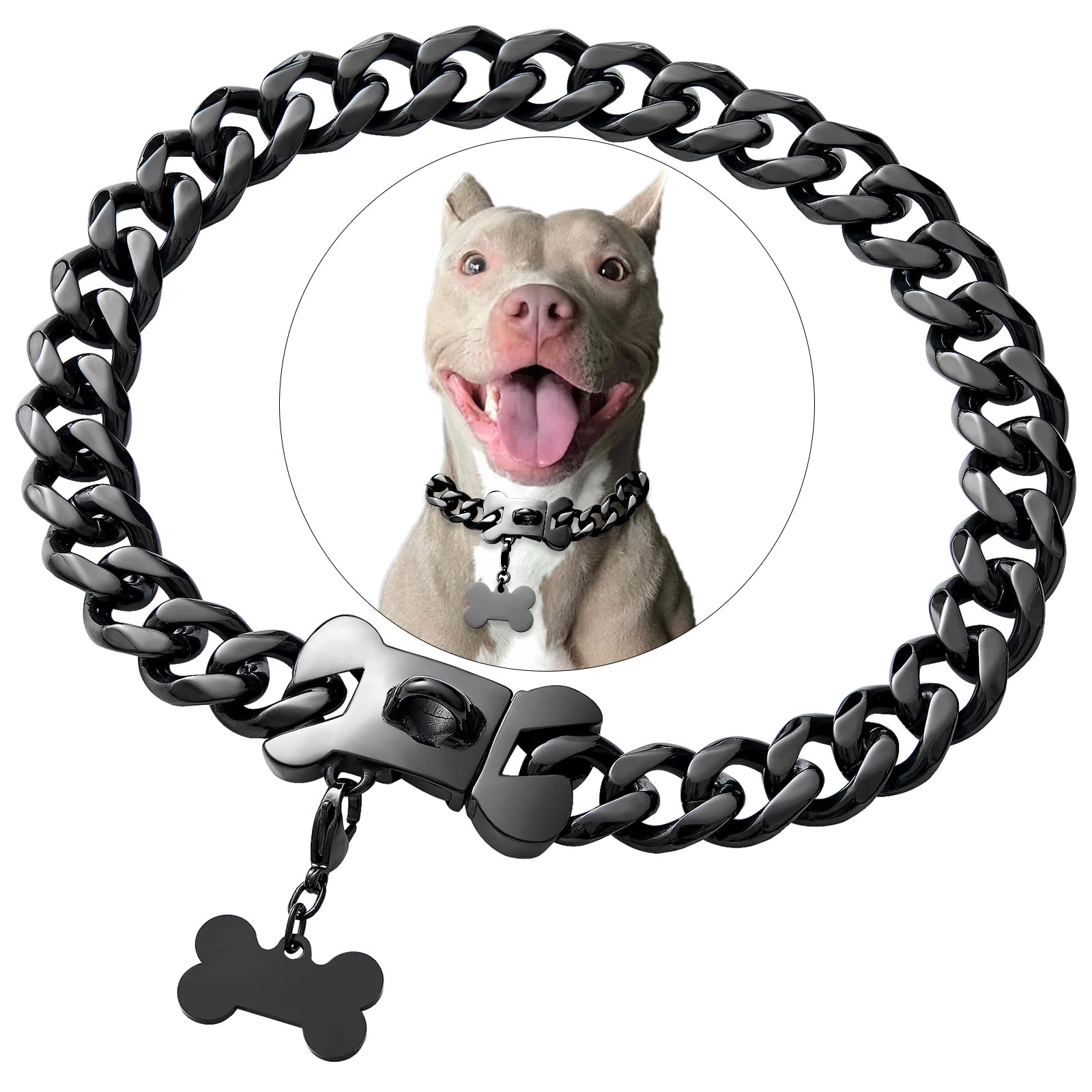 Cuban Black Link Heavy Duty Dog Collar, 10Inch-26Inch Wide Stainless Steel Luxury Dog Id Name Tag Necklace Personalized Collar F