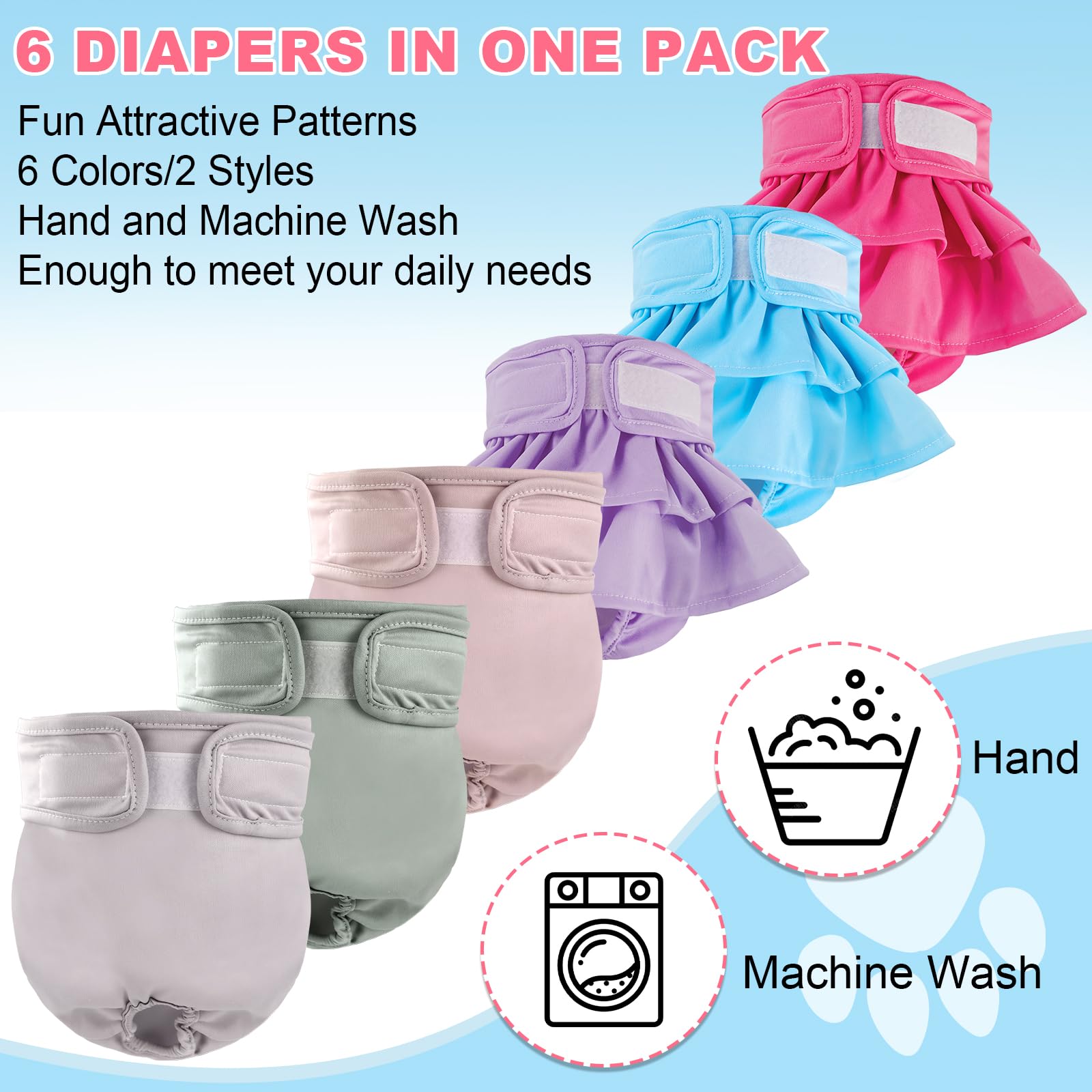 Xpcare 6 Pack Washable Female Dog Diapers - Reusable Doggie Diapers, Highly Absorbent Dog Diapers Female, Leak-Proof Puppy Diape