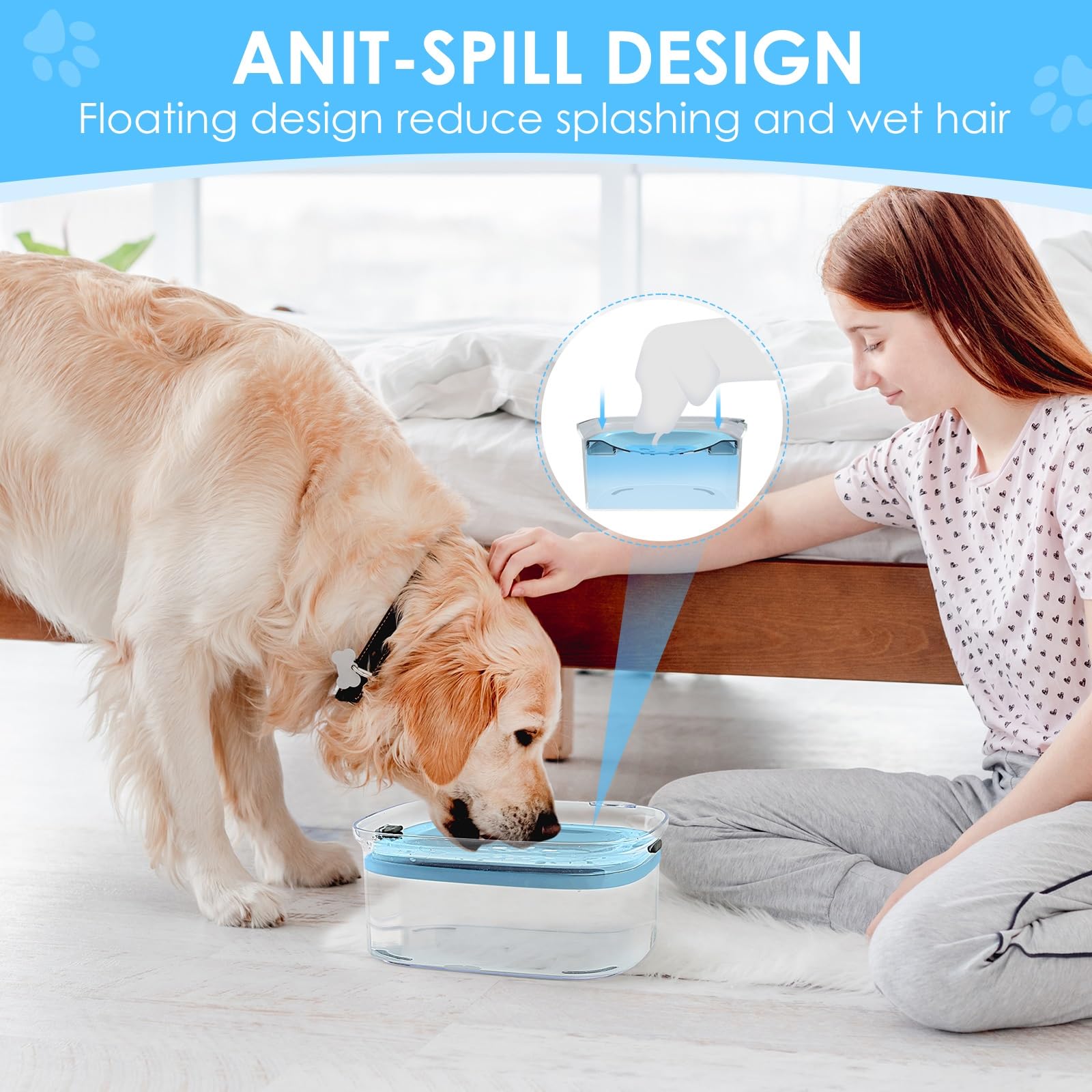Aonkey 3L Dog Water Bowl No Spill, 101Oz Large Spill Proof Dog Bowl Reduce Refill, Anti Splash No Mess Dispenser Dripless Slow D