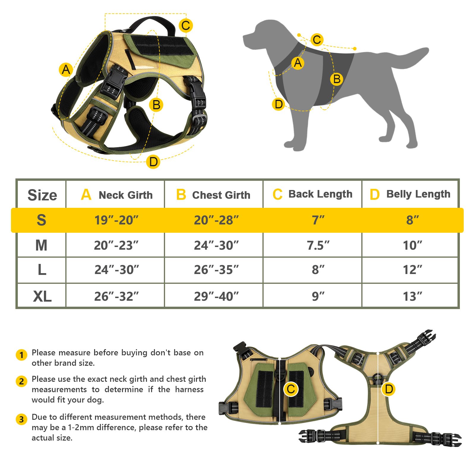 Wingoin Tactical Dog Harness For Small Dogs, No Pull Harness With Handle 2 Pockets Poop Bag, Reflective Dog Vest, Military Service Heavy Duty Big Dog Harness For Walking Hiking Training, Khaki, S