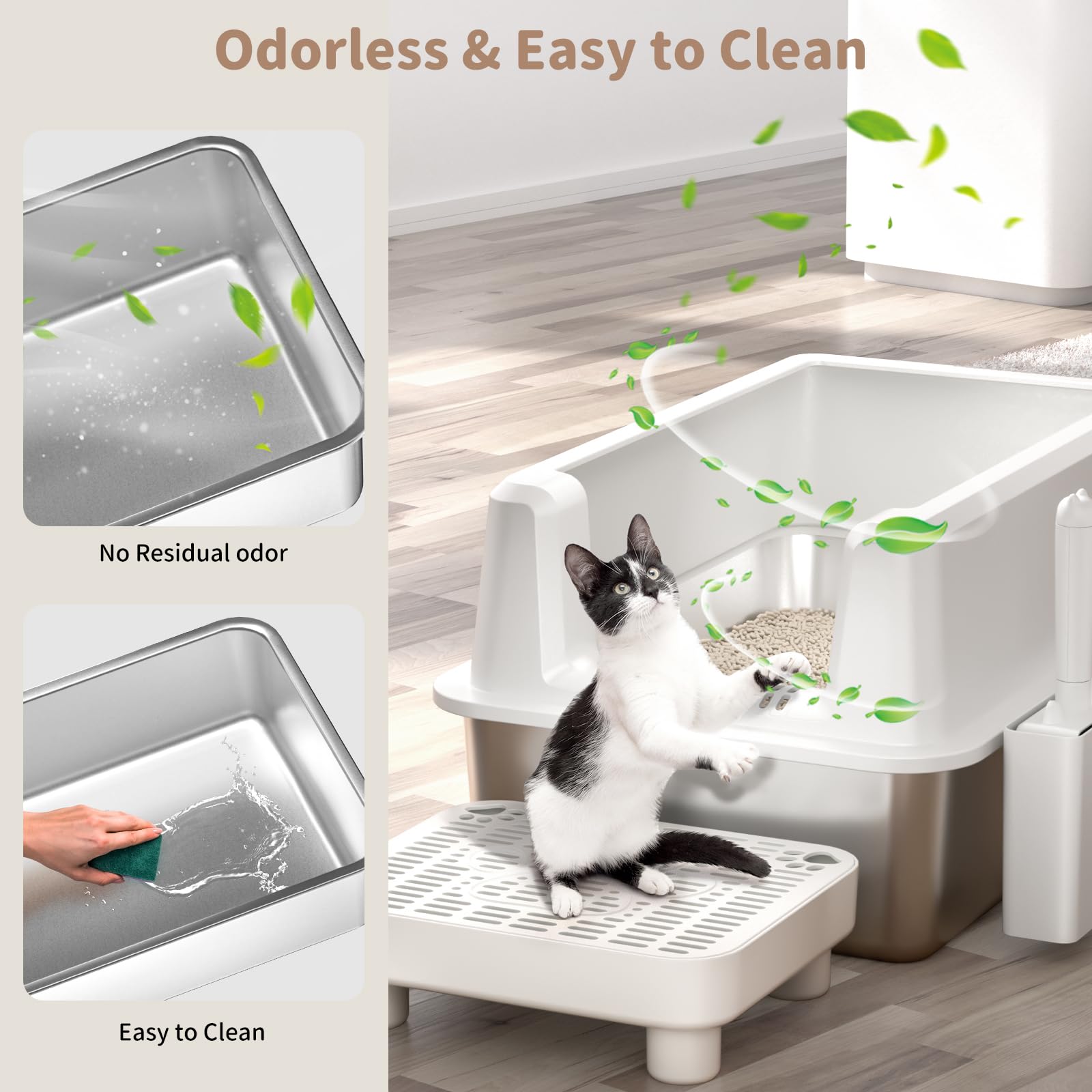 Perehome Enclosed Stainless Steel Cat Litter Box, Extra Xl Large Metal Litter Box With Lid, High Sided, Easy Clean, Odorless, An