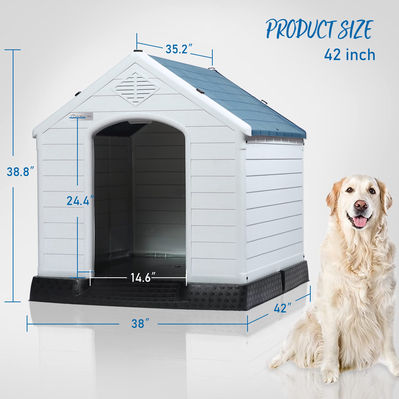 Pukami Plastic Outdoor Indoor,Durable Dog House For Small Medium Large Dogs,Waterproof, With Elevated Floor And Air Vents,Ventilate & Easy Clean And Assemble(Blue, 42Inch)