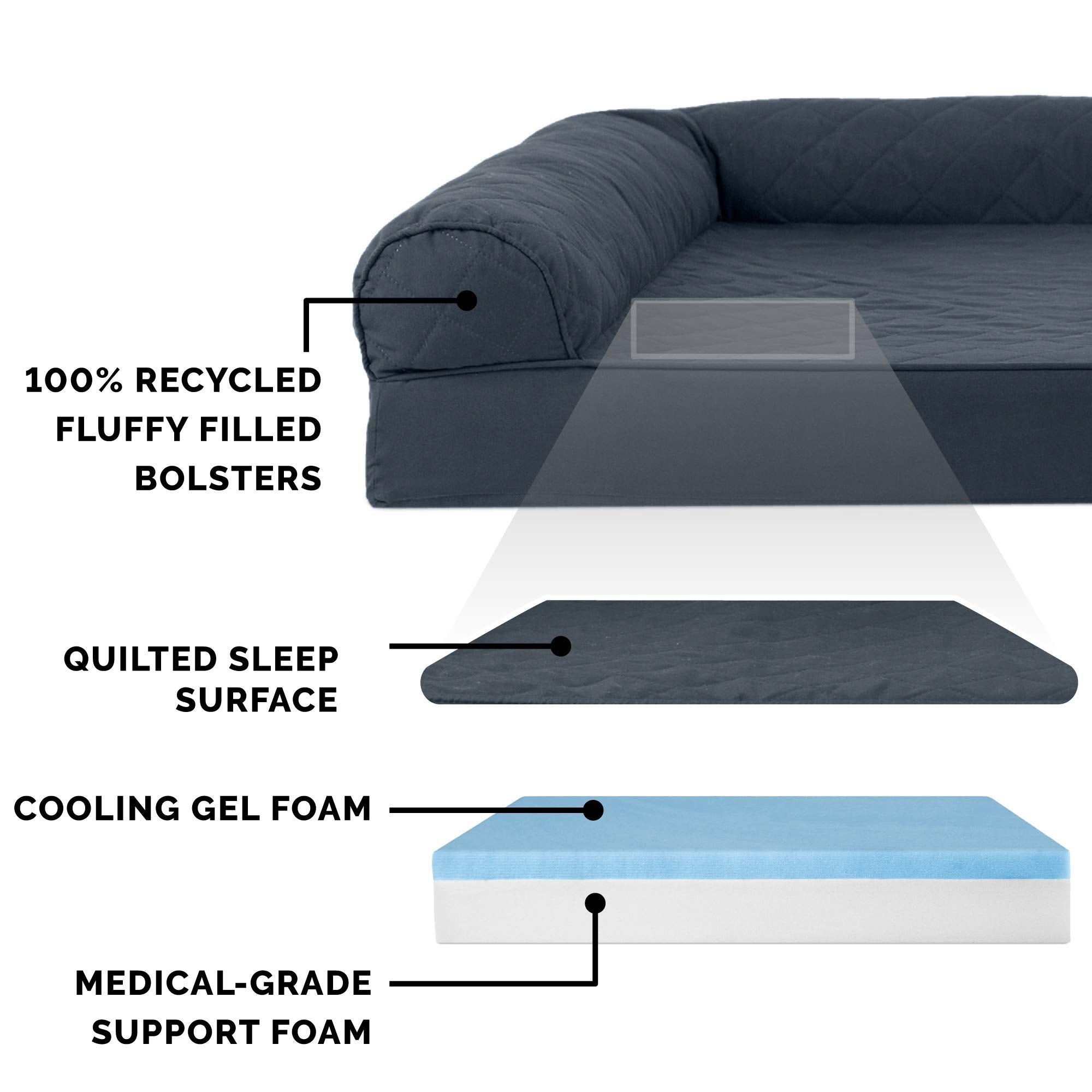 Furhaven Cooling Gel Dog Bed for Large Dogs w/ Removable Bolsters & Washable Cover, For Dogs Up to 95 lbs - Quilted Sofa - Iron