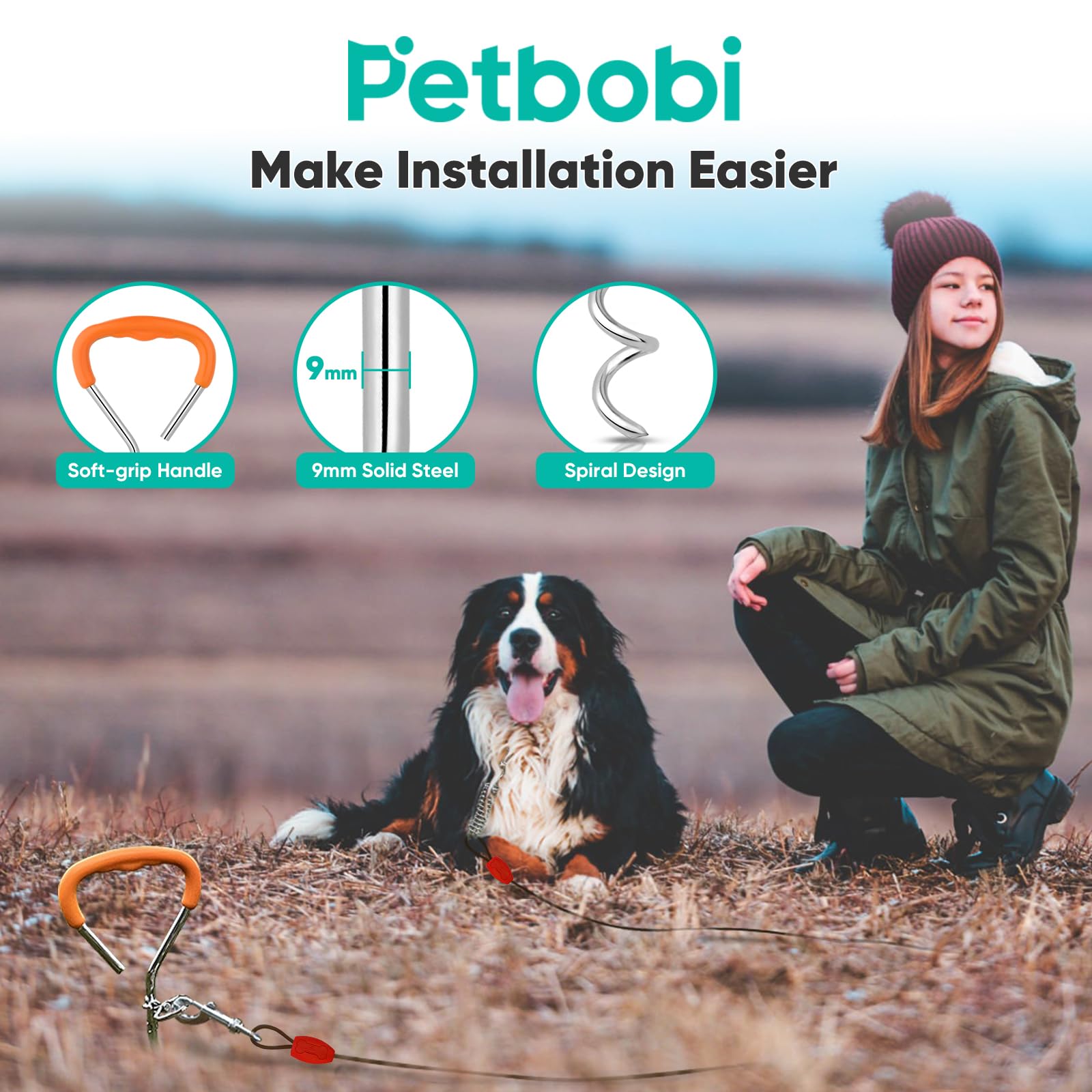 Petbobi Dog Tie-Out Cable And Stake - 40Ft Heavy Duty Cable With Spring, No Tangle, 16In Ground Stake, Ideal For Yard, Camping A