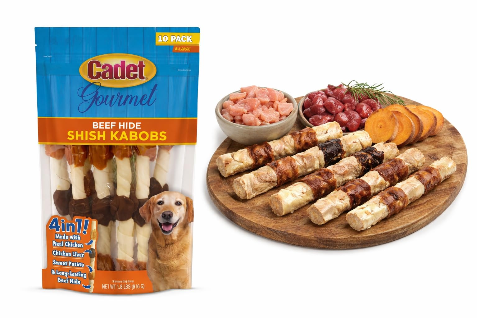 Cadet X-Large Dog Treat, 4-in-1 Beef Hide Shish Kabobs, 10 ct