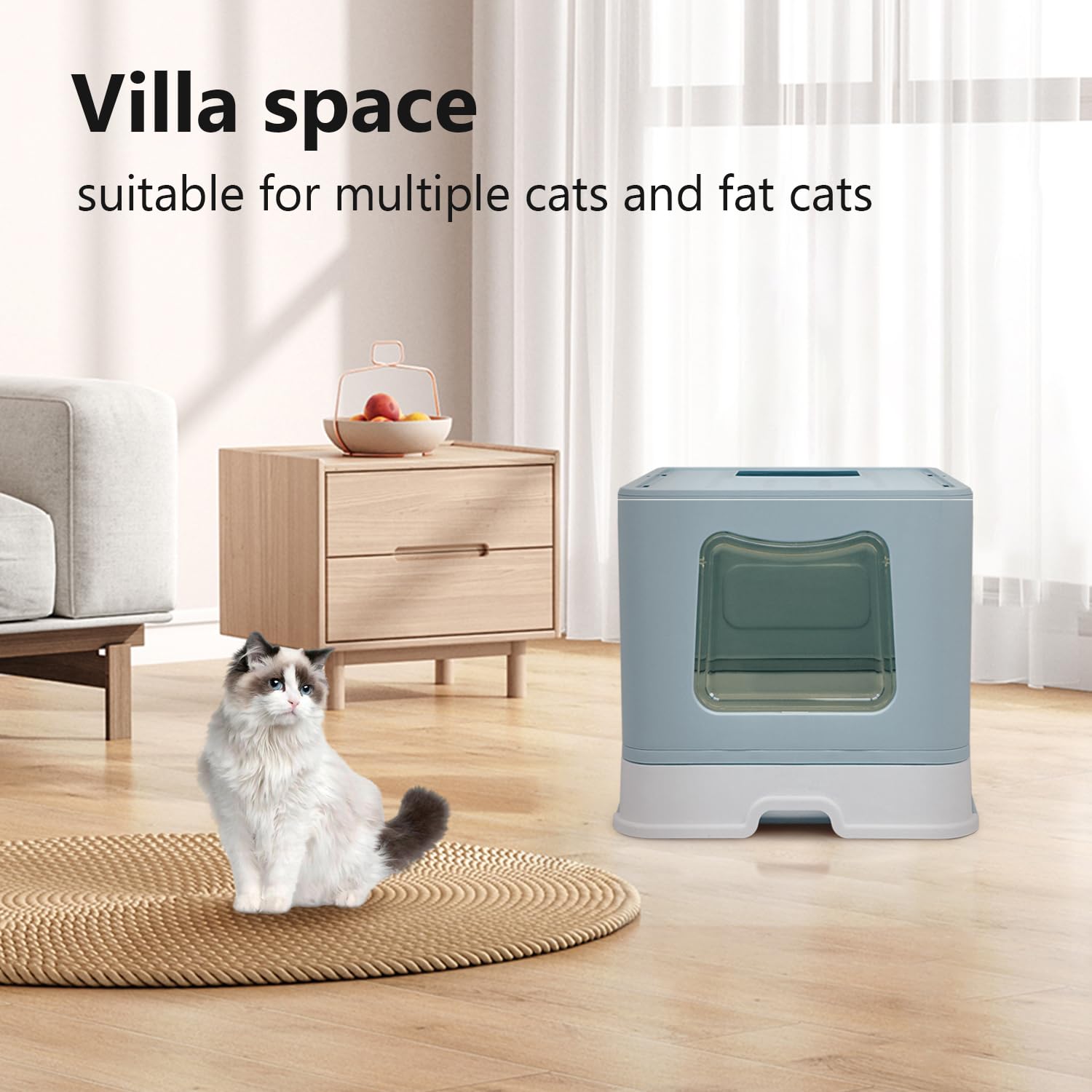 Foldable Xl Cat Litter Box With Lid, Jumbo Enclosed Cat Potty, Top Entry Anti-Splashing Cat Toilet, Easy To Clean Including Cat Litter Scoop And 2-1 Cleaning Brush (Blue) Extra Large