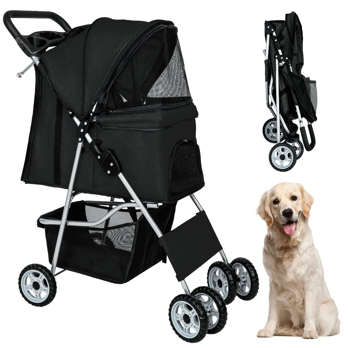 Bestpet Pet Stroller Dog Cat Jogger Stroller For Medium Small Dogs Cats Folding Lightweight Travel Stroller With Cup Holder (Black, 4 Wheels)