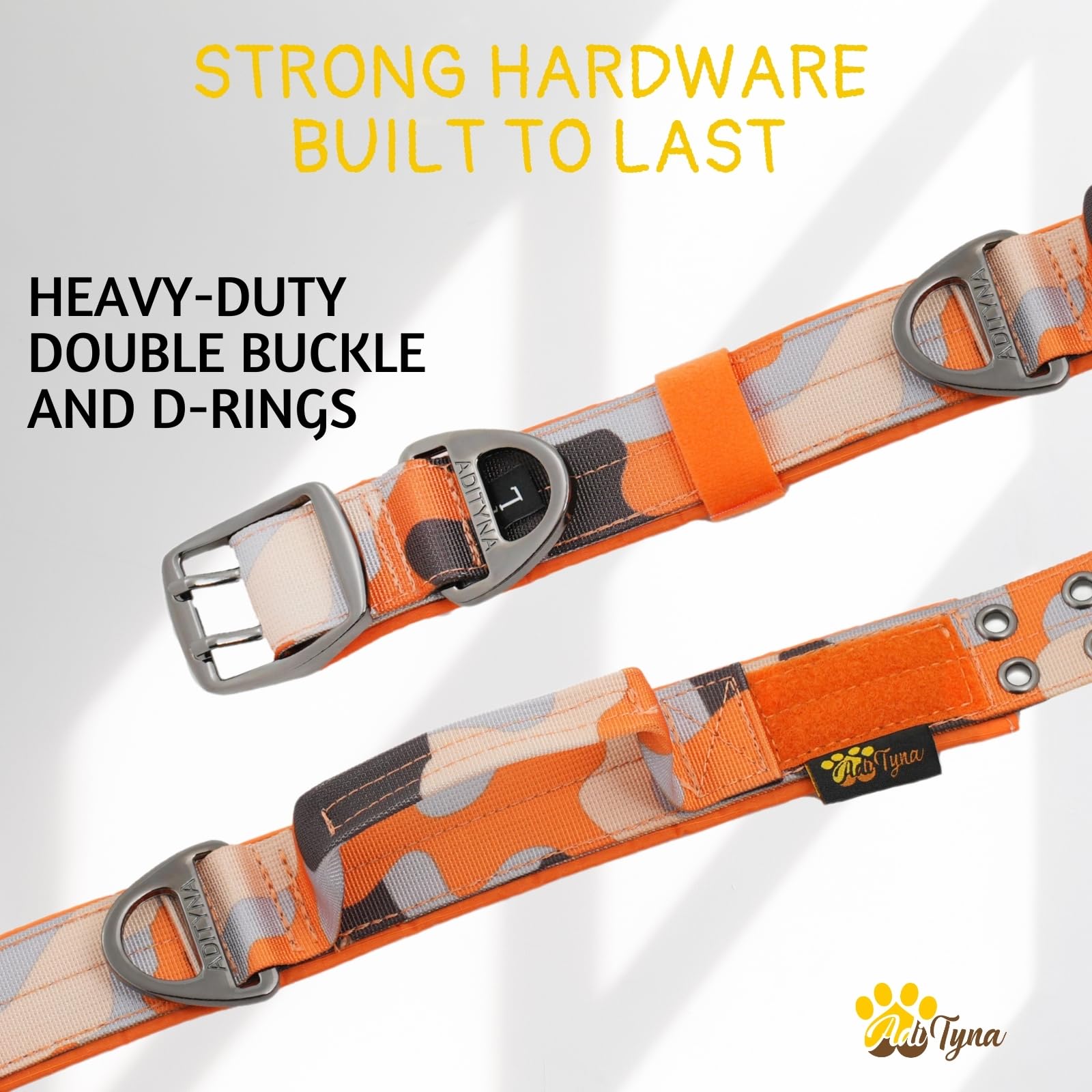 Adityna Heavy Duty Dog Collar For Medium Dogs - Camo Orange Collar With Handle For Training, And Walking - Wide, Thick, Tactical