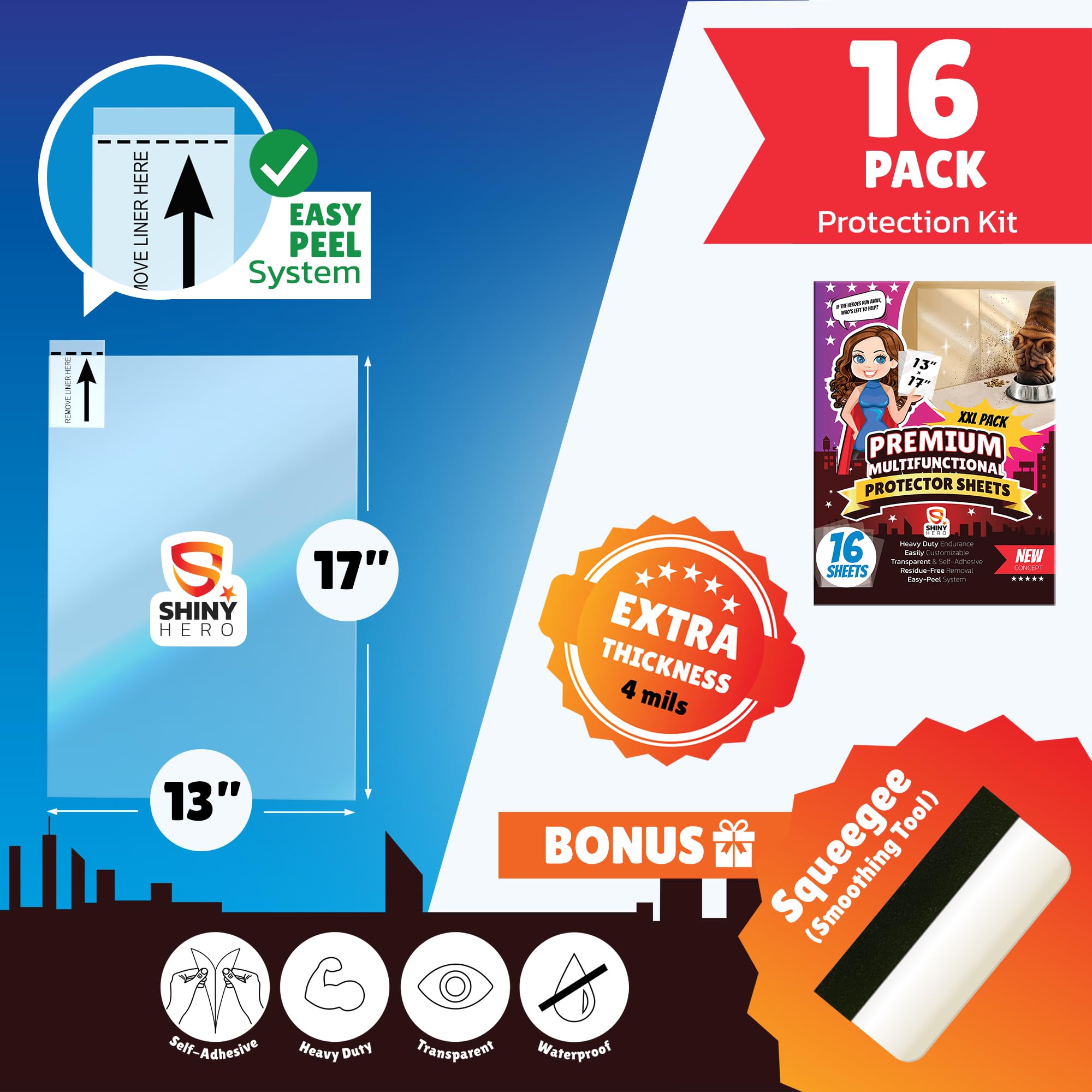 16Pack - Clear Wall & Door Protector from Dog Scratching - Anti Cat Couch Guard Plastic Sheets, Furniture Self-Adhesive Removabl