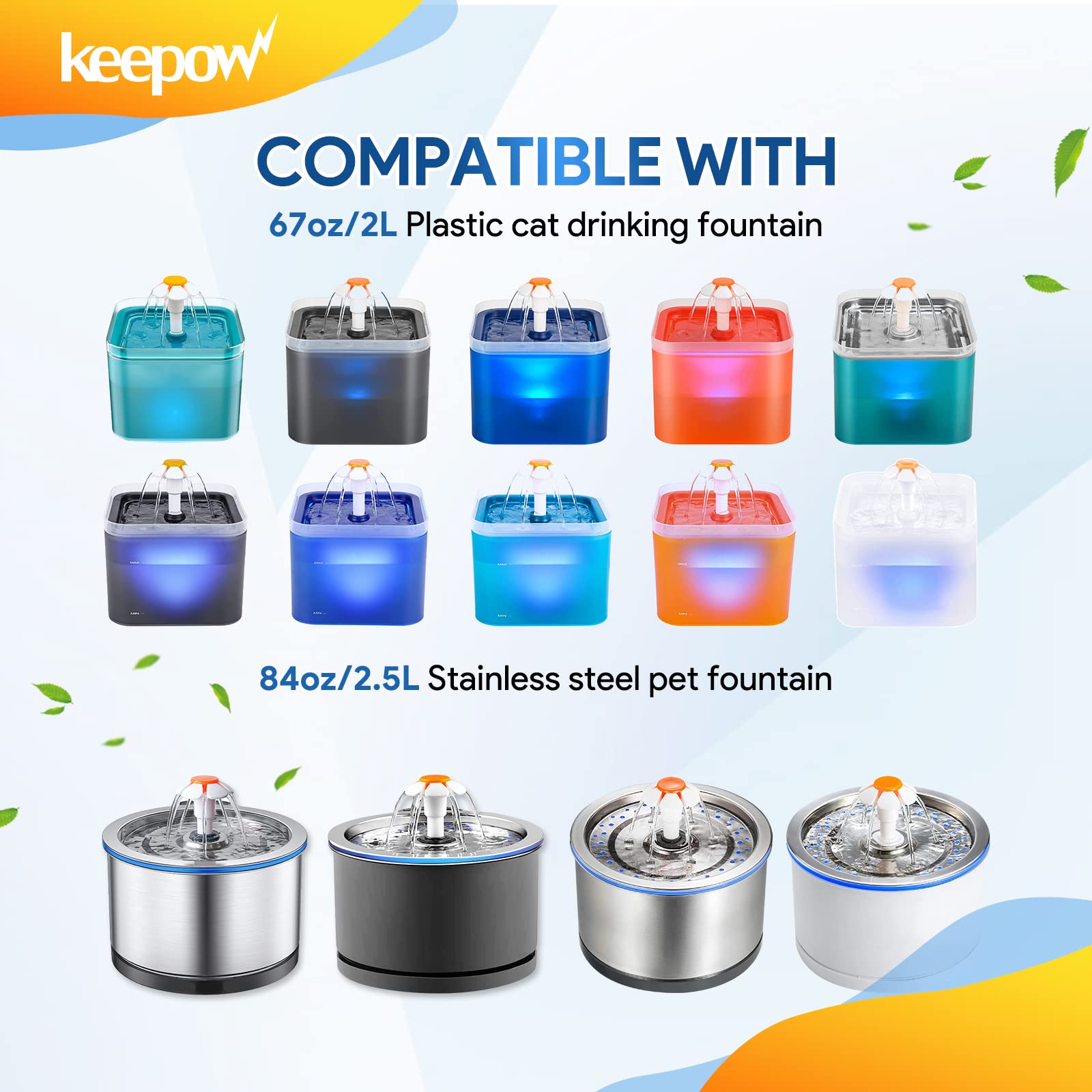 KEEPOW Pet Fountain Filter Replacement for 67oz/2L & 84oz/2.5L - 6 Pack Cat Fountain Filter Compatible With Plastic & Stainless