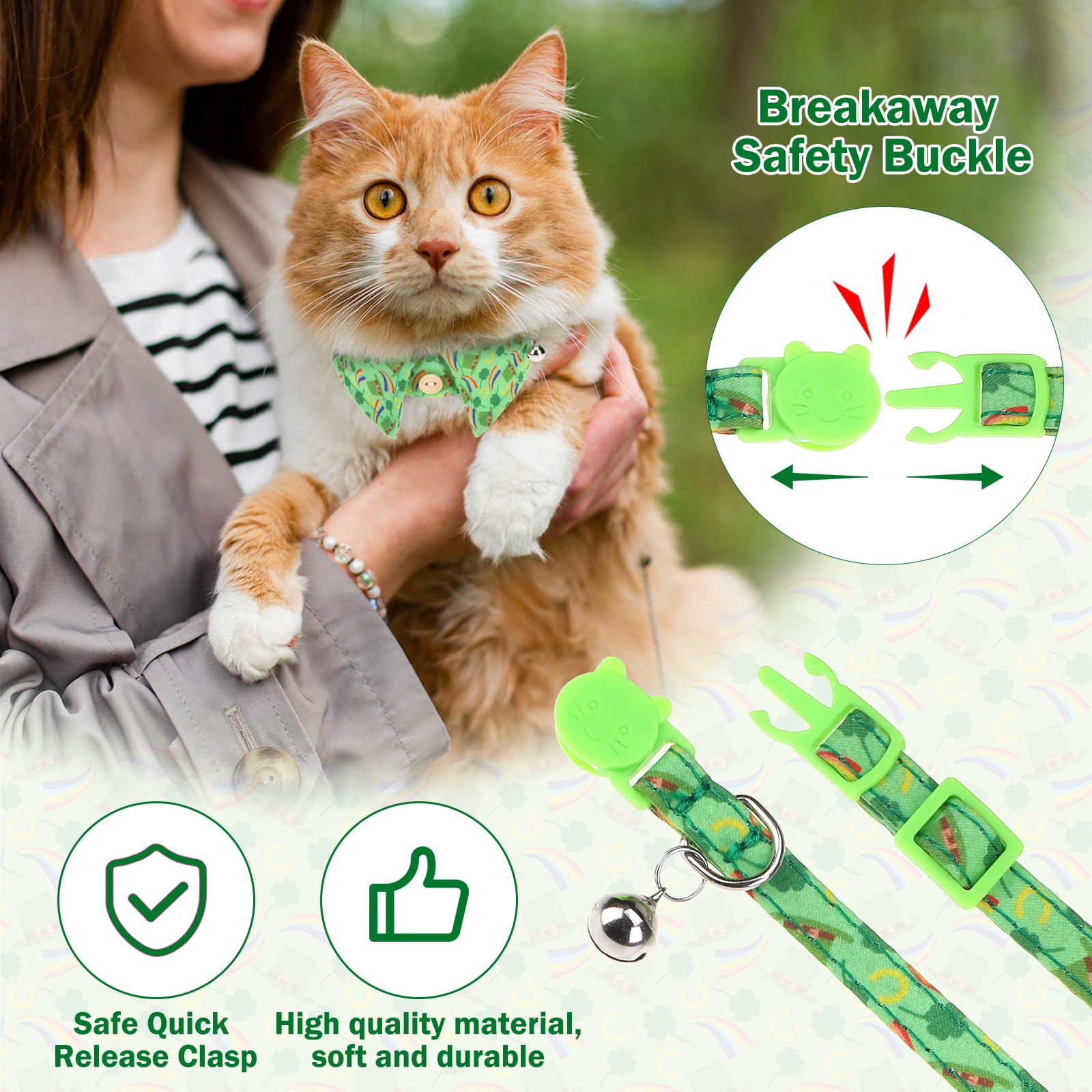 Dillybud St. Patrick'S Cat Collar Breakaway, Irish Clover Cat Collar With Bow, Green Shamrock Spring Cat Collars With Bells
