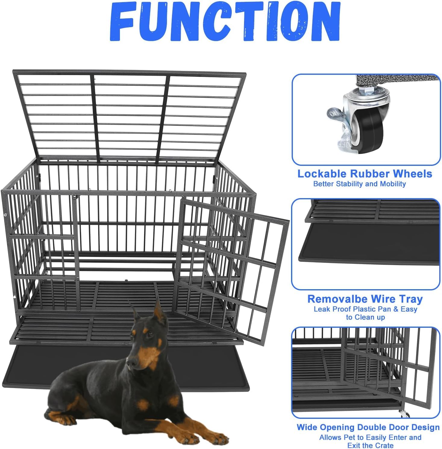 Confote Heavy Duty Dog Crate, 47" Indestructible Steel Kennel for Medium to Large Dogs, Black, Model CO51830Z