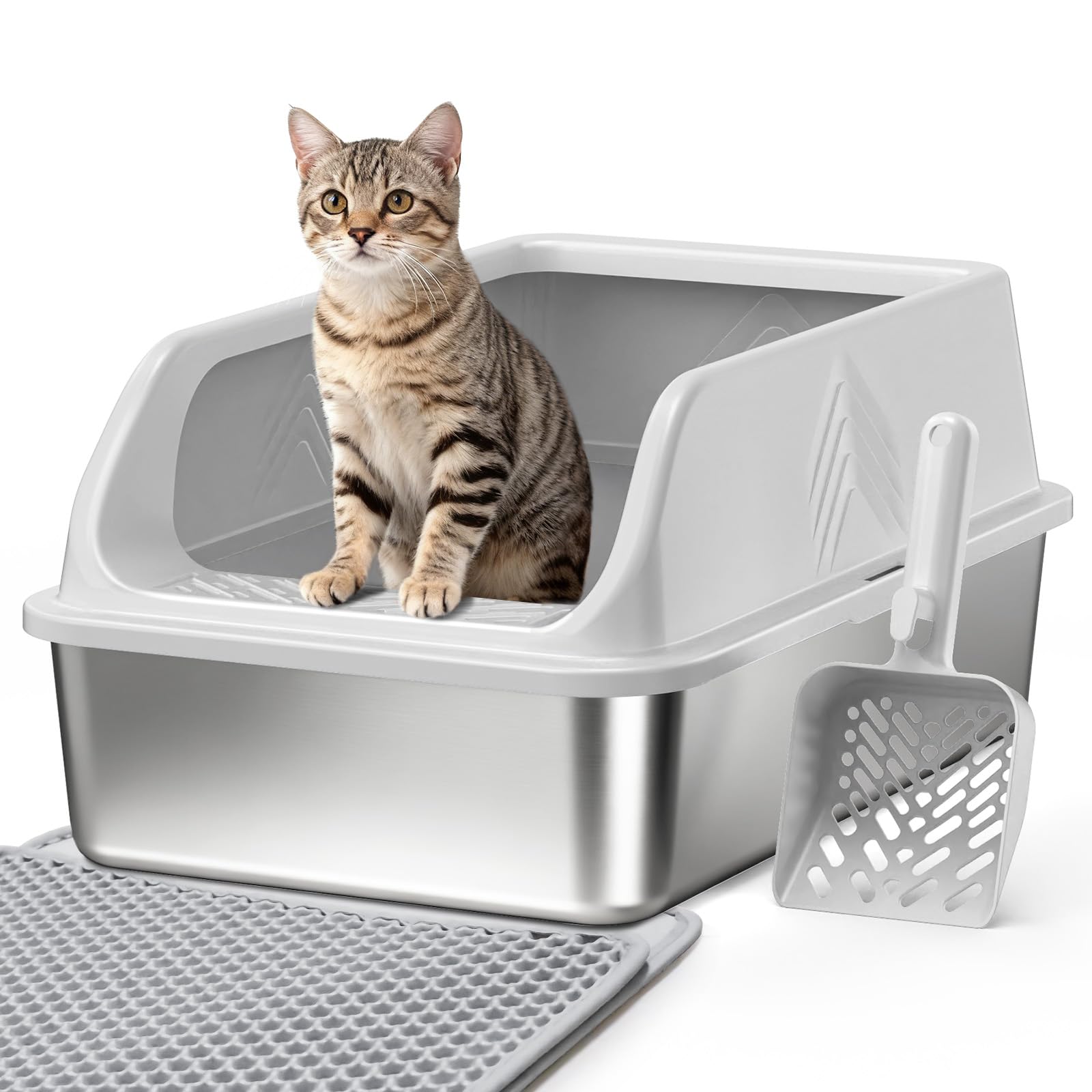 Stainless Steel Litter Box with Lid Enclosed XL High Sided Metal Litter Boxes for Big Cat and Multiple Cats, Anti-Urine Leakage 