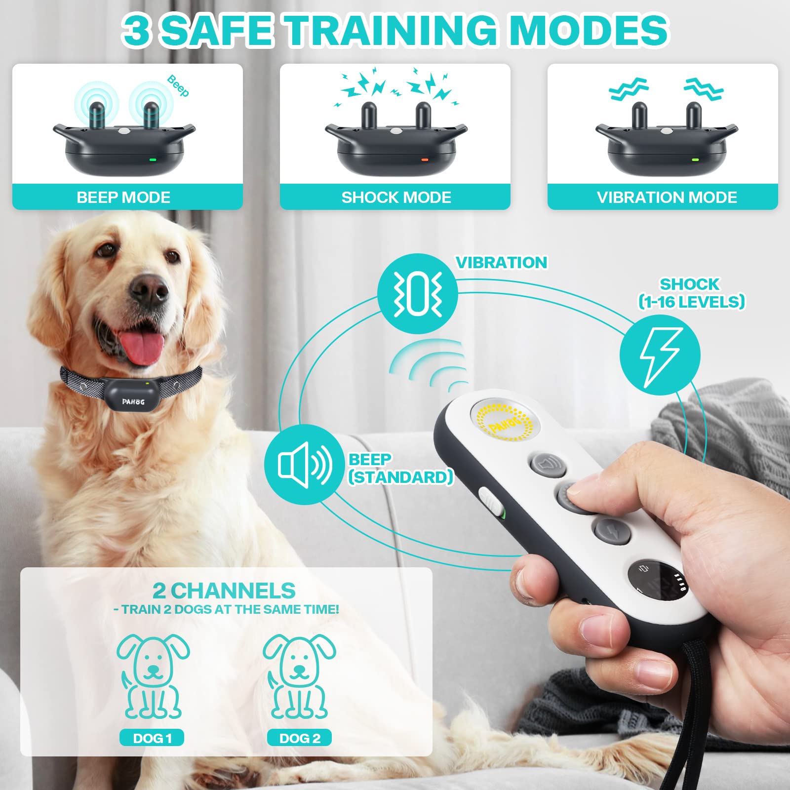 Pahog Dog Training Collar With Remote, Electric Dog Shock Collar For Large Medium Small Dogs (8-120 Lbs), Rechargeable Ipx7 Wate