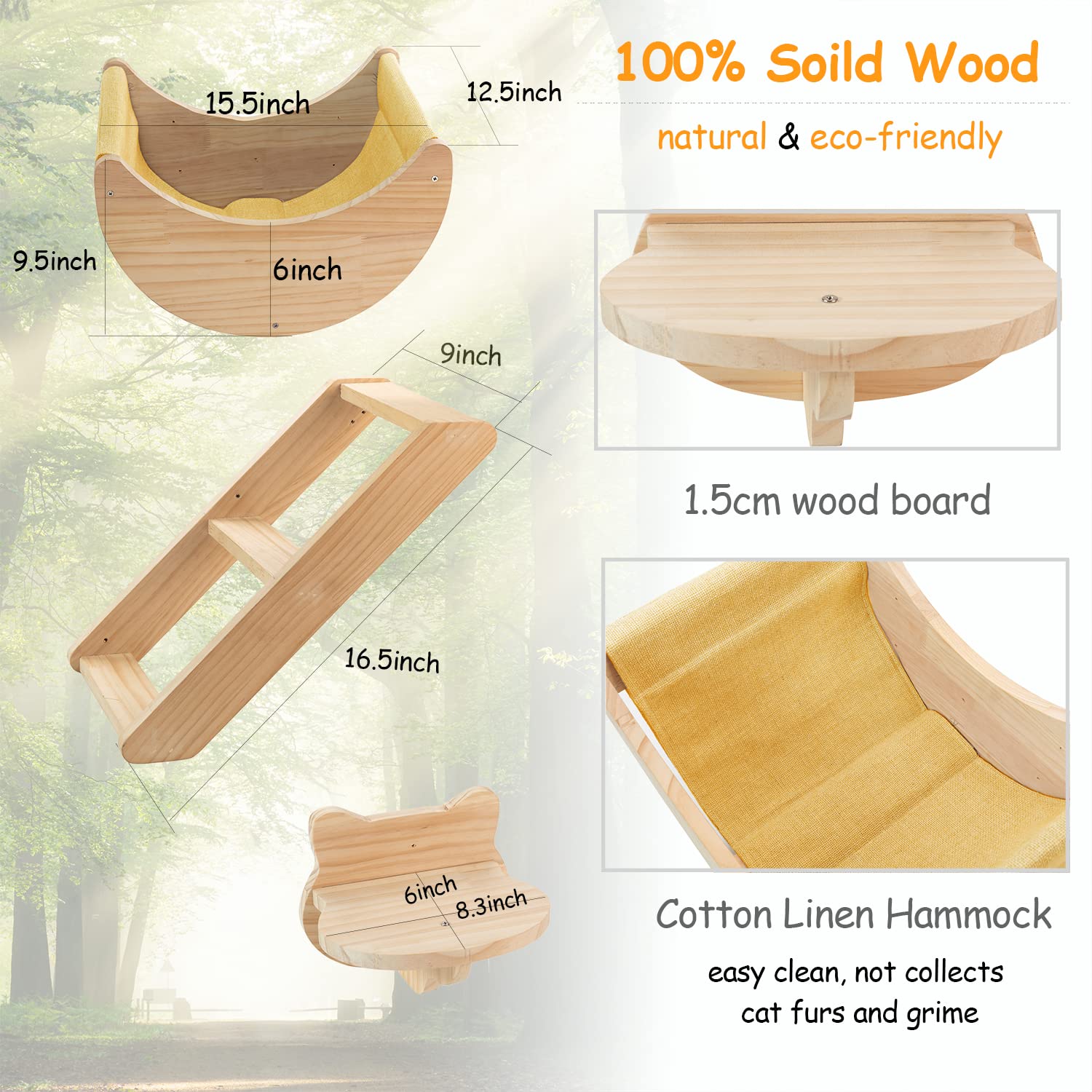 Cat Shelf for Wall Hammock Climbing Shelves and Perches Solid Wood Cat Steps for Activity Indoor Cats Wall Furniture 3pcs/Set