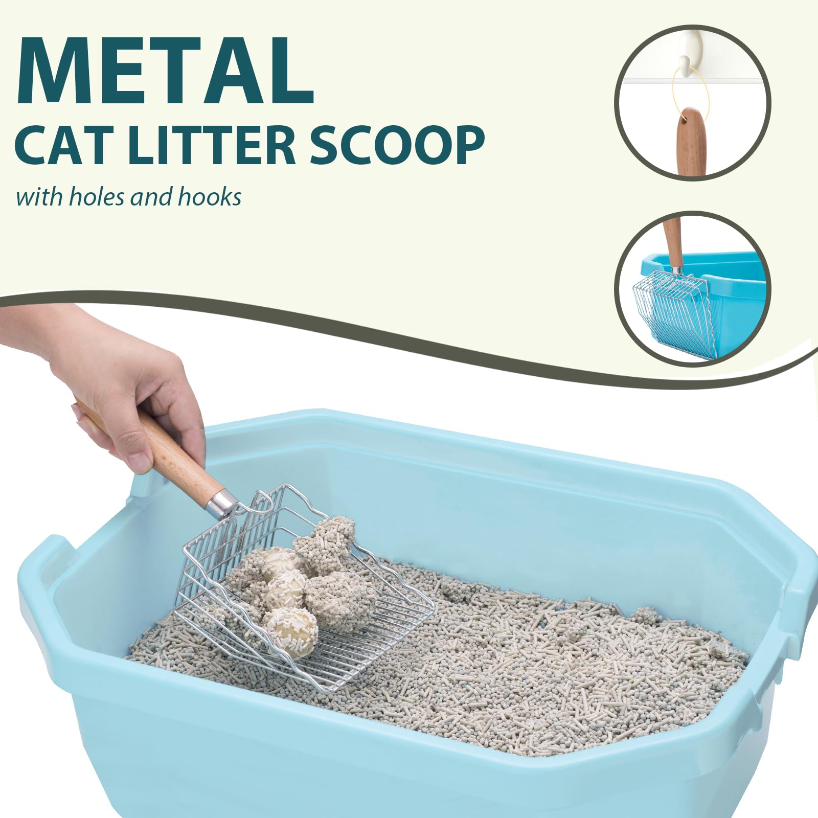 Armlulu Cat Litter Scoop, Kitty Metal Scooper With Hook And Hole, Stainless Steel Kitten Poop Lifter For Litter Box, Non Stick,