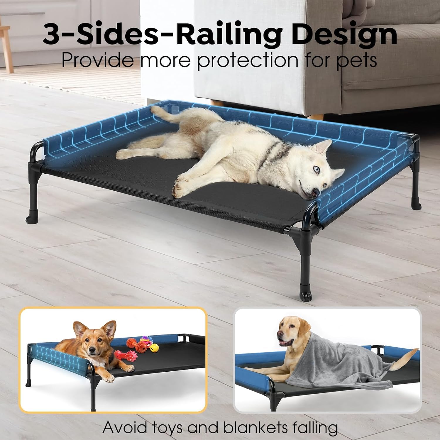 Veehoo Elevated Raised Dog Bed-Cooling Outdoor Dog Cots for Large Sized Dogs Three-Sided Fence Raised Pet Cot with Durable & Bre