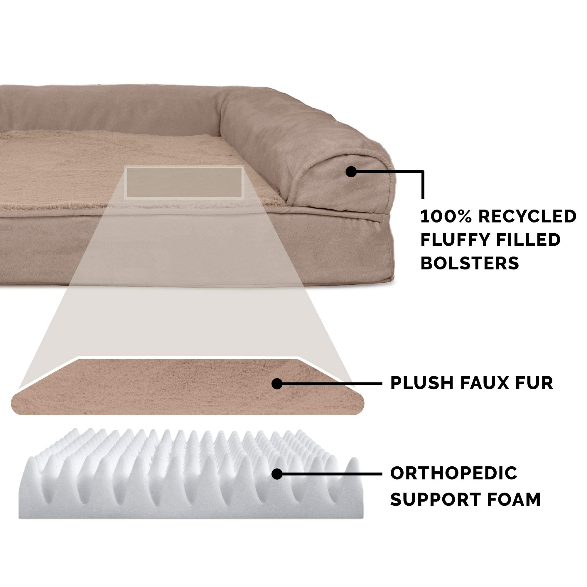 Furhaven Orthopedic Dog Bed For Large/Medium Dogs W/ Removable Bolsters & Washable Cover, For Dogs Up To 55 Lbs - Plush & Suede Sofa - Almondine, Large