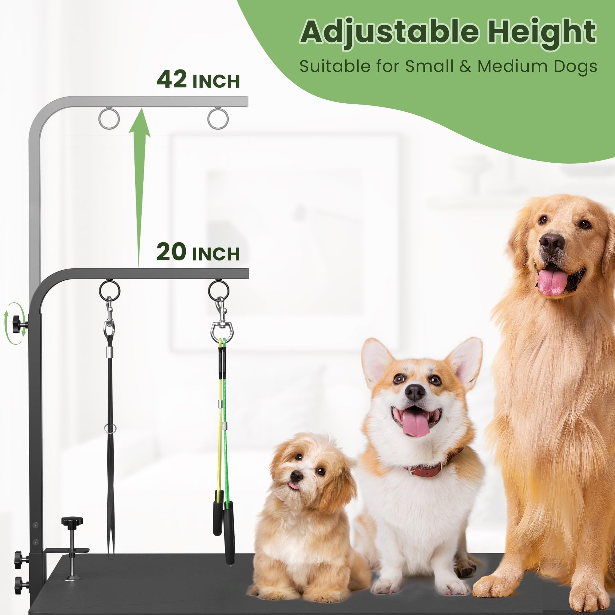 Adjustable Dog Grooming Arm with Clamps: 42 '' Height-Adjustable Pet Grooming Stand with Hammock and No-Sit Haunch Holders, Idea