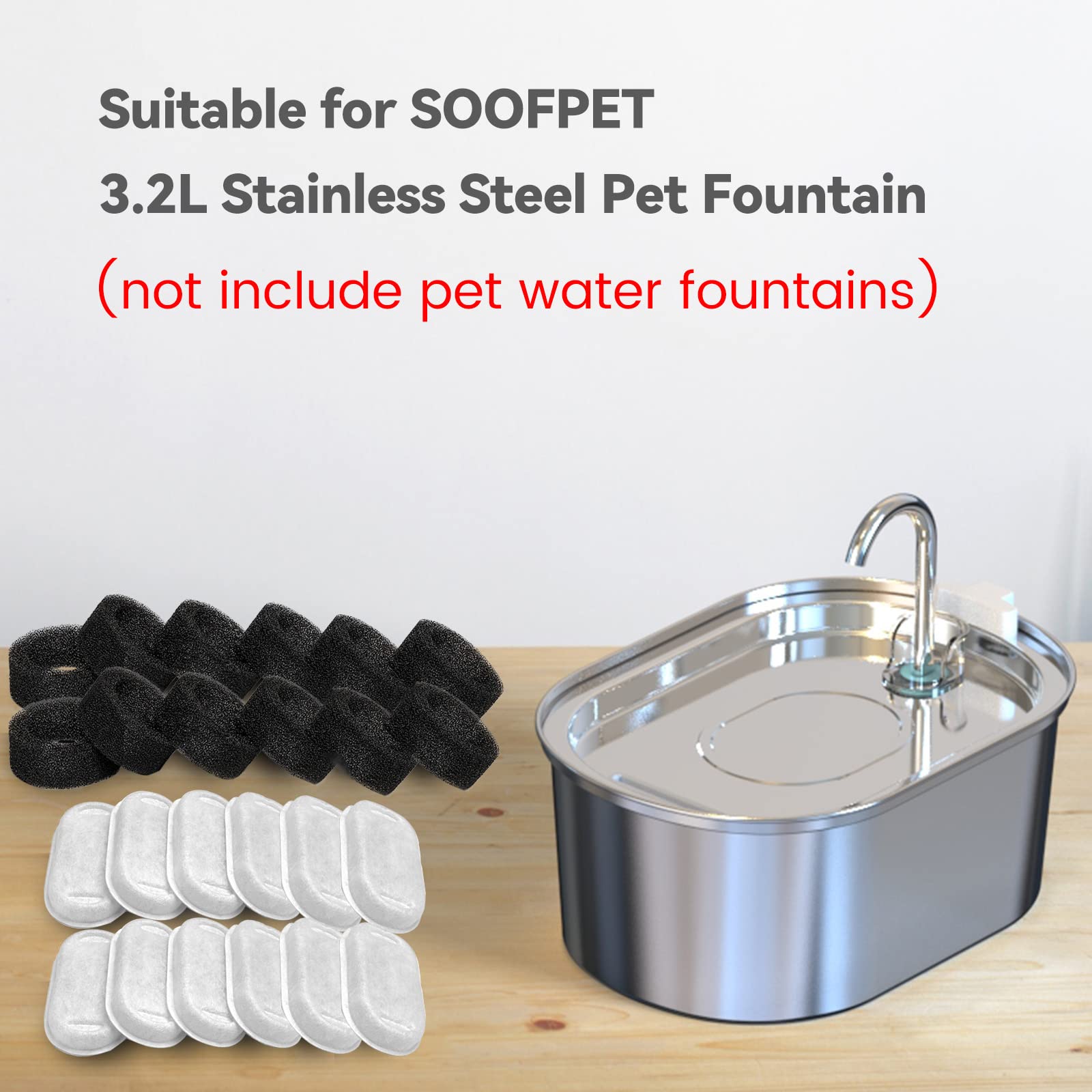 SOOFPET Cat Water Fountain Filter - 24 Carbon & Foam Replacement Filters for 108oz/3.2L Stainless Steel Fountain, 12PCS Each
