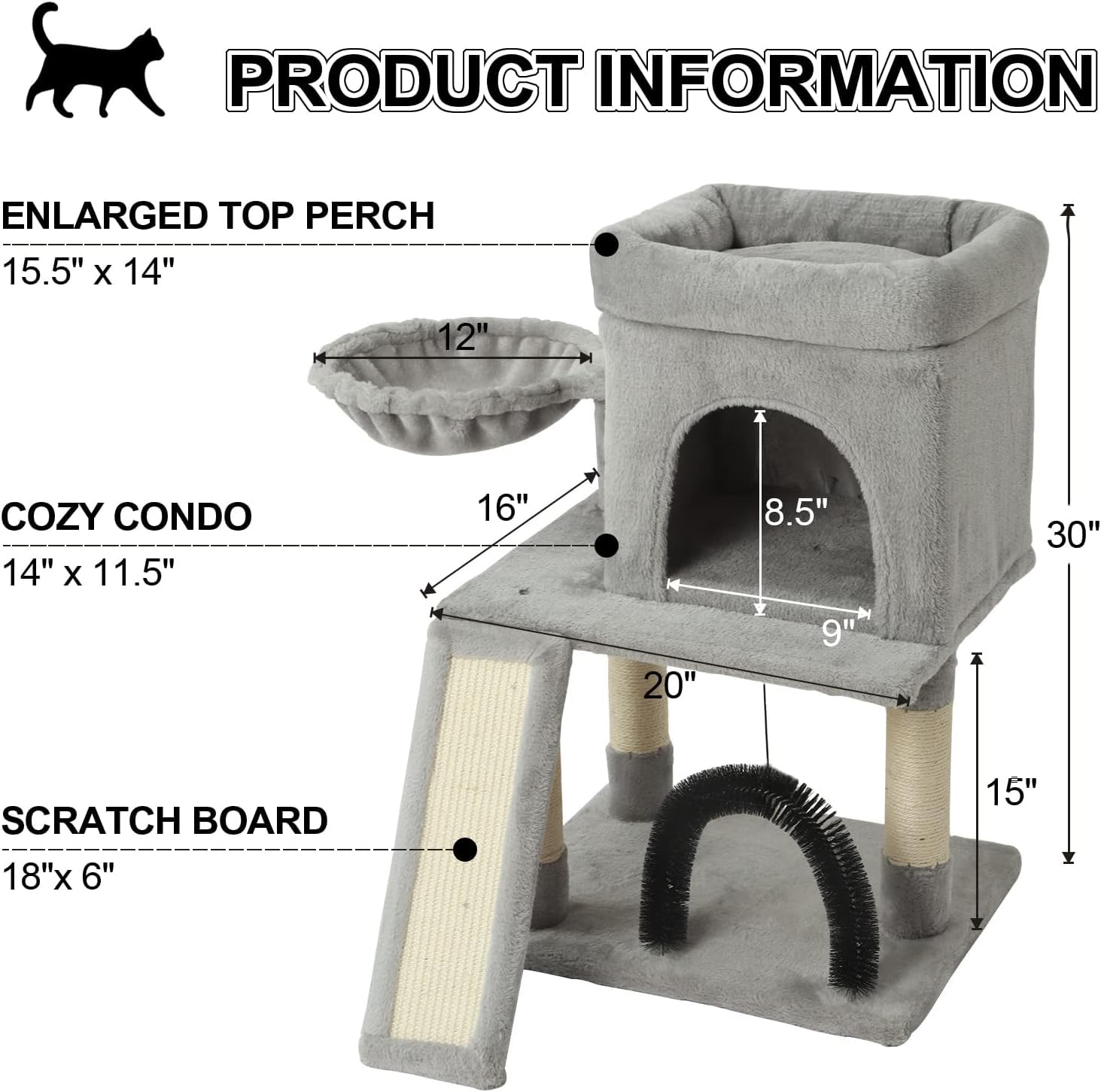Hoopet 30In Cat Tree For Indoor Cats - Multi-Level Cat Tower With Hammock, Condo, Scratching Posts, Self-Grooming Brush & Play B