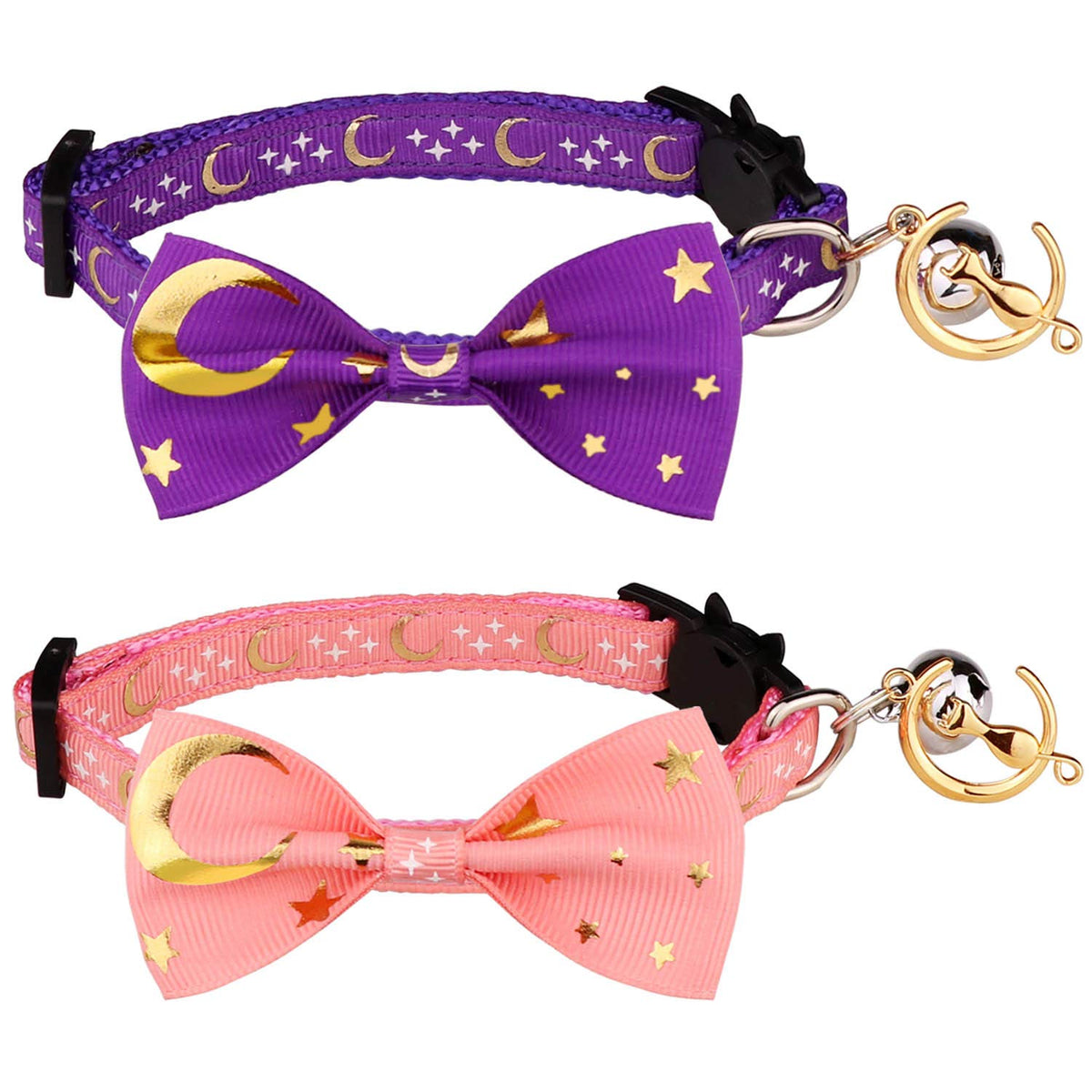 2 Pcs Breakaway Cat Collar With Bow Tie And Bell Golden Moon Glowing Star In The Dark For Kitten(Purple&Pink)