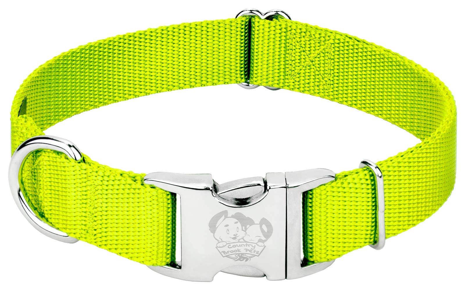 Country Brook Design - Vibrant 30+ Color Selection - Premium Nylon Dog Collar With Metal Buckle (Large, 1 Inch Wide, Hot Yellow)