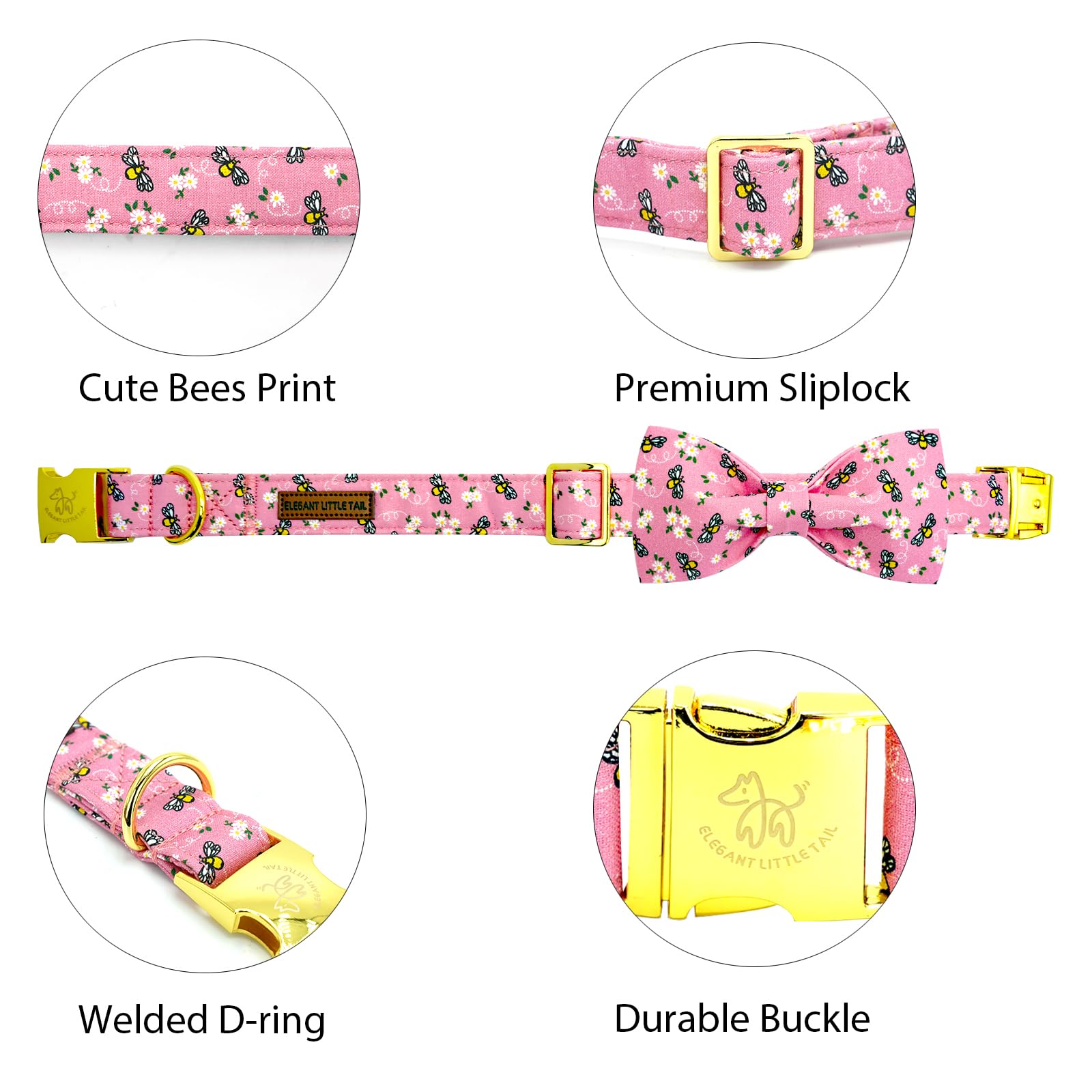 Elegant Little Tail Xs Dog Collar, Spring Floral Bees Print Cotton Soft Adjustable Collar With Handmade Bowtie For X-Small Dogs