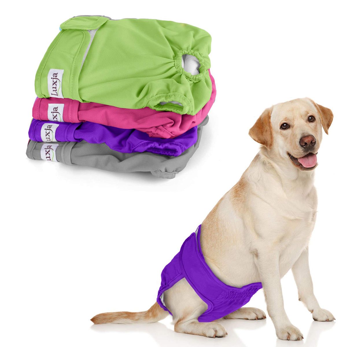 Luxja Reusable Female Dog Diapers (Pack Of 4), Washable Wraps For Female Dog (Medium, Gray+Green+Purple+Rose Red)