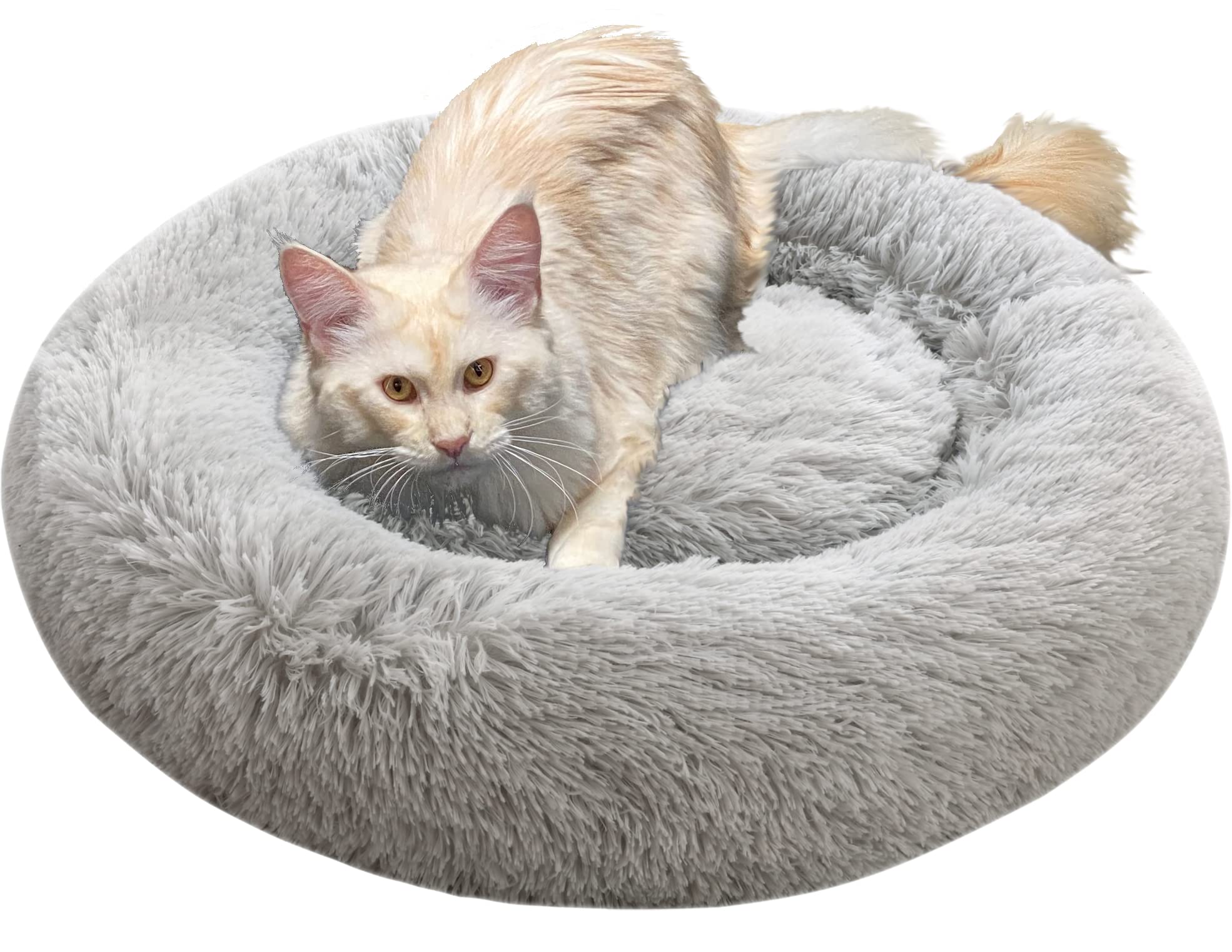 Comlax Calming Donut Dog Beds, 45 Inches Round Cushion With Removable Washable Cover, Anti-Anxiety Faux Fur Cuddler, Fluffy Comf