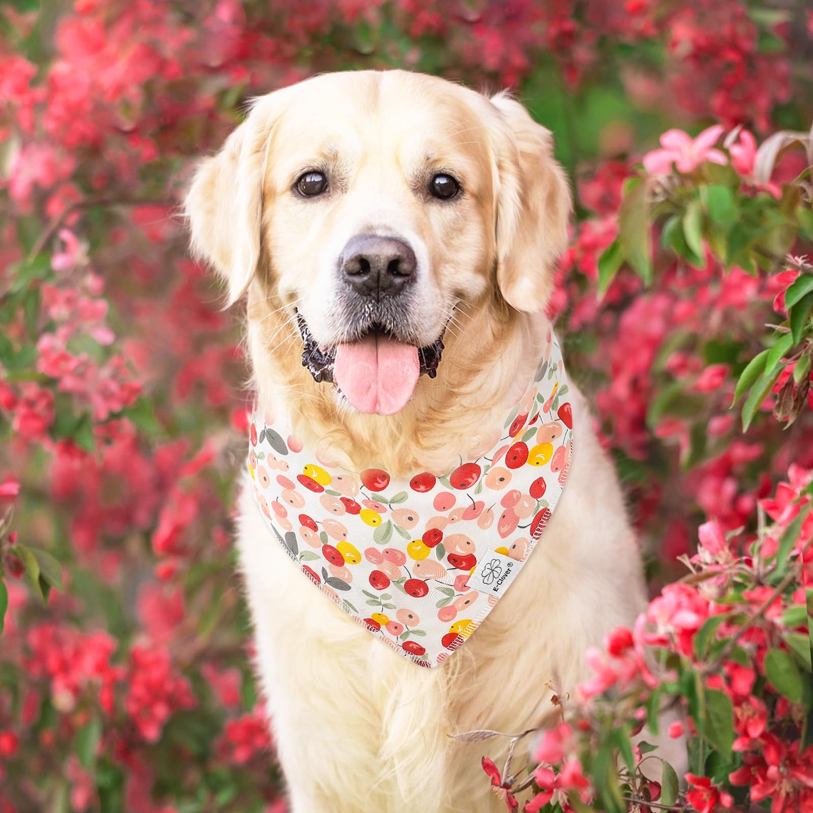 E-Clover Pink Floral Dog Bandanas & Matching Scrunchie Set Cute Dog Scarf Bibs Pet Bandana With Bow Tie For Medium Large Dogs Ow