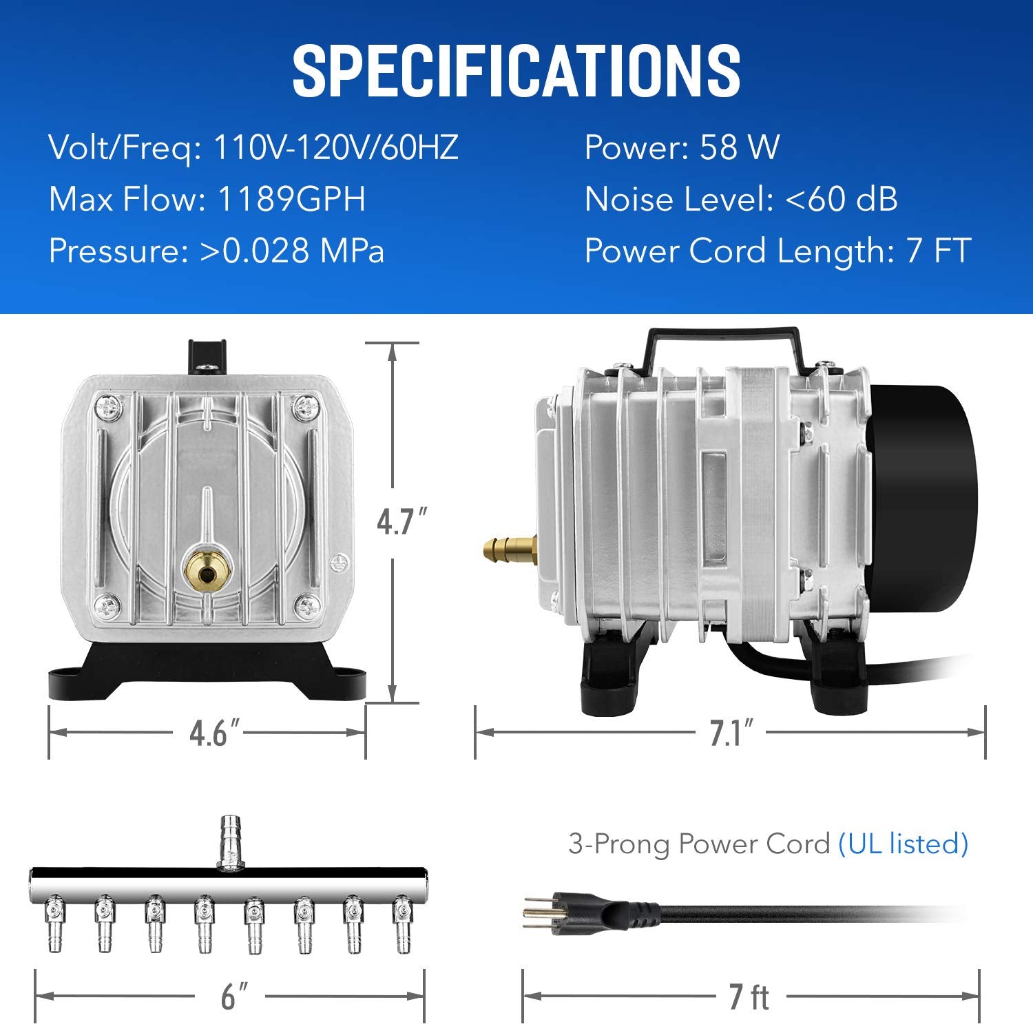 Simple Deluxe Commercial Air Pump Lgpumpair75 1189 Gph 58W 75L/Min 8 Outlets With Airline Tubing 25 Feet For Aquarium, Pond, Hydroponics Systems Air Pump, Silver