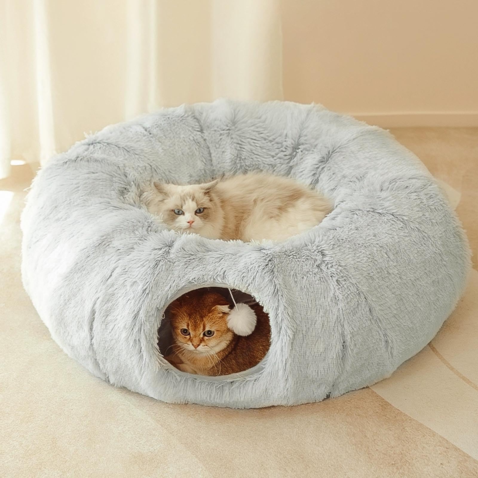 Bininl Tunnel Bed For Indoor Cats Peekaboo Cat Cave Donut With Washable Circle Cushion Interior Cat Play Tunnel (34 Inch, Grey)