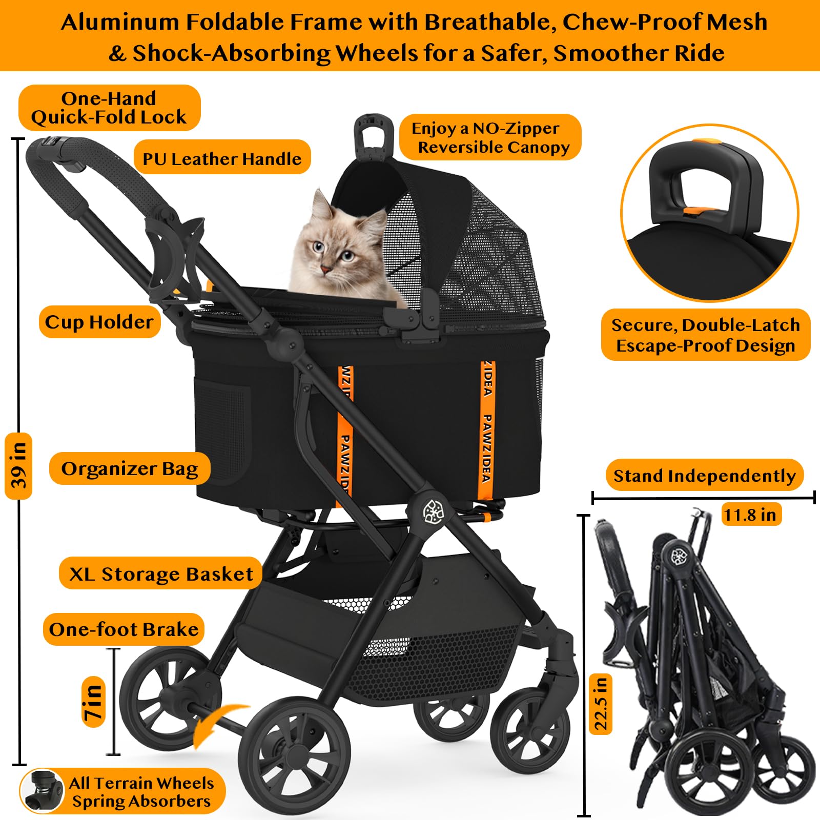 Pawzidea Pet Stroller 4 In 1, Dog Strollers For Small/Medium Dogs/Cats With Detachable Carrier No-Zip Canopy, Seatbelt Puppy Car