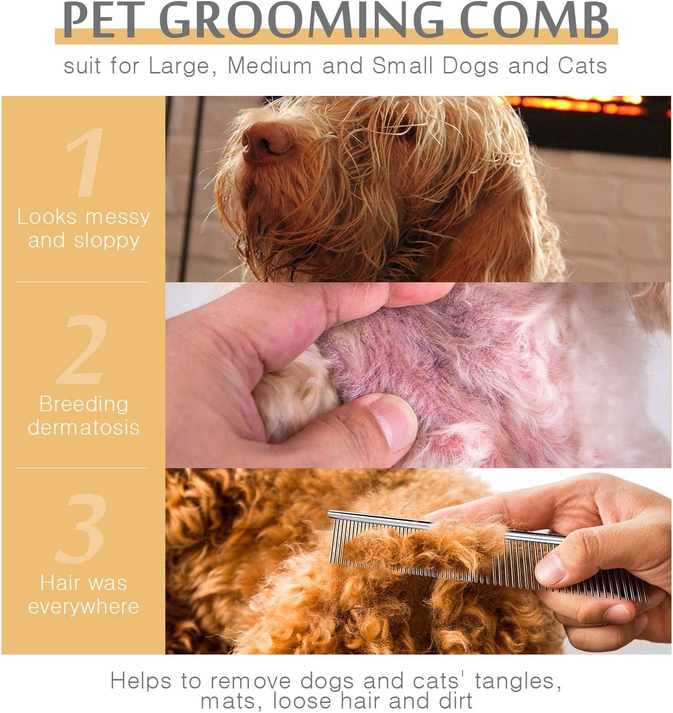 Dog Combs For Grooming, Metal Cat Comb For Removing Tangles And Knots, Professional Grooming Tool For Long Haired Dog, Cat And O