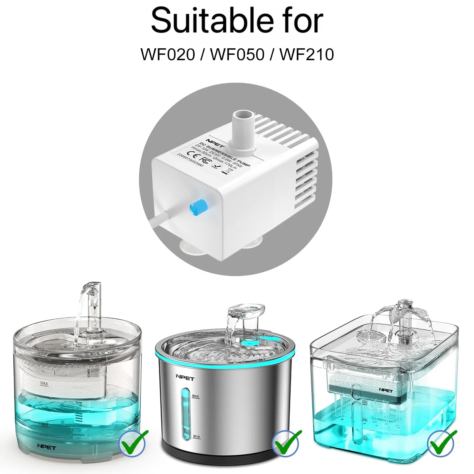 Npet Pet Water Fountain Auto Shut-Off Pump With Led Light For Wf020/Wf050 Cat Fountain