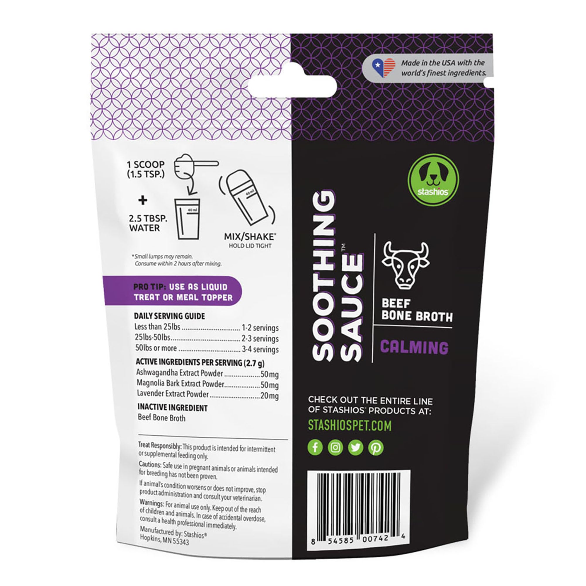 Stashios Soothing Sauce Beef Bone Broth Calming Powder Supplement for Dogs & Cats, All Natural Anxiety Relief, Made in The USA,