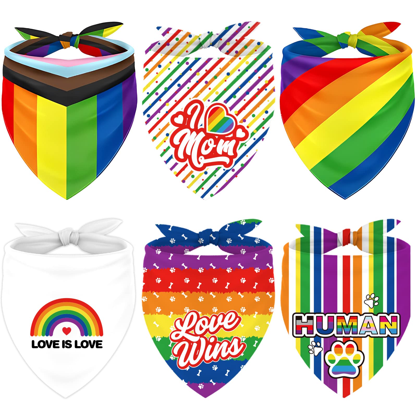 Whaline 6 Pack Gay Pride Day Dog Bandanas Rainbow Human Love Is Love Triangle Bibs Dog Paw Adjustable Pet Kerchief Scarf Washabl