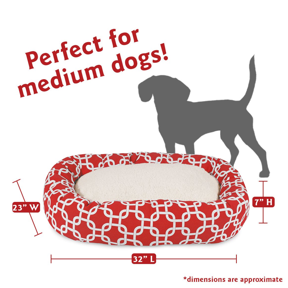 Majestic Pet 32 Inch Links Sherpa Calming Dog Bed Washable – Cozy Soft Round Dog Bed With Spine For Head Support - Fluffy Donut Dog Bed 32X23X7 (Inch) – Round Pet Bed Medium - Red