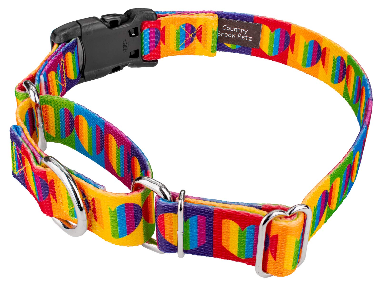 Country Brook Petz - Rainbow Hearts Martingale With Deluxe Buckle Dog Collar - Affection Collection Featuring Designs You'Ll Ado