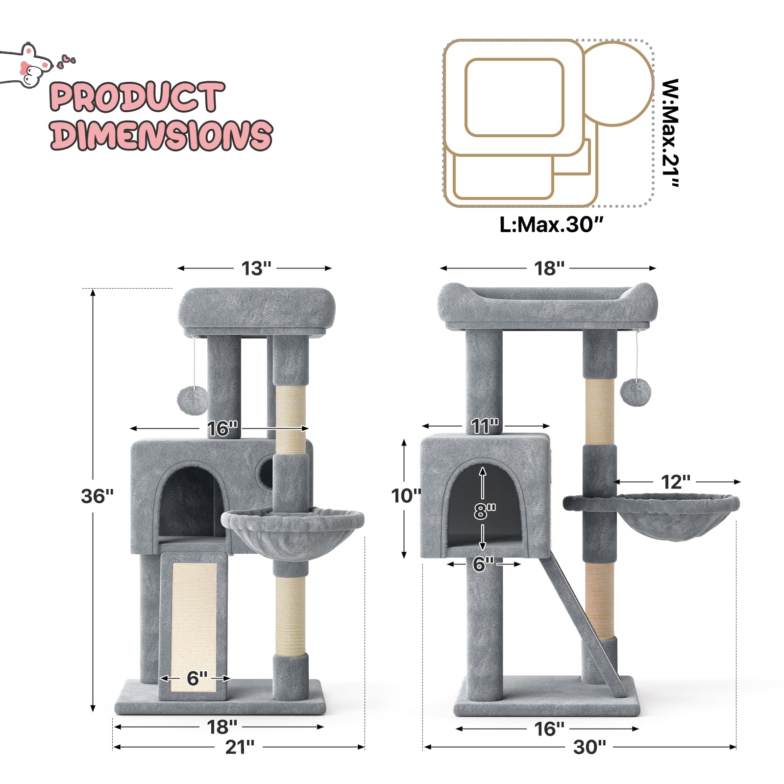 MoNiBloom Cat Tree - 36 Inch Tower with Condo, Scratching Post & Board, Hammock, Indoor Cat Climbing Tree, Light Grey
