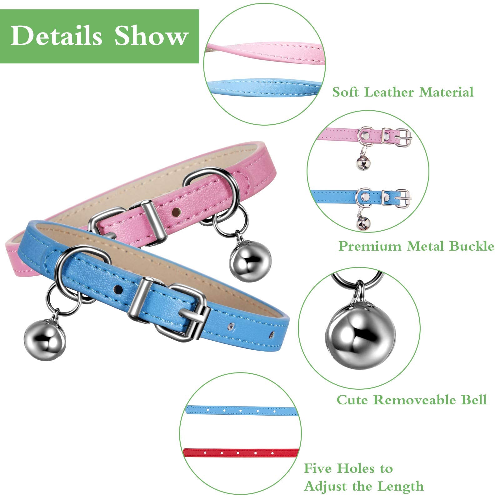 6 Pieces Leather Pet Cat Collars With Bell Soft Adjustable Leather Kitten Collars Cute Pet Collars For Small Cat Kitten Puppy (Bright Color)